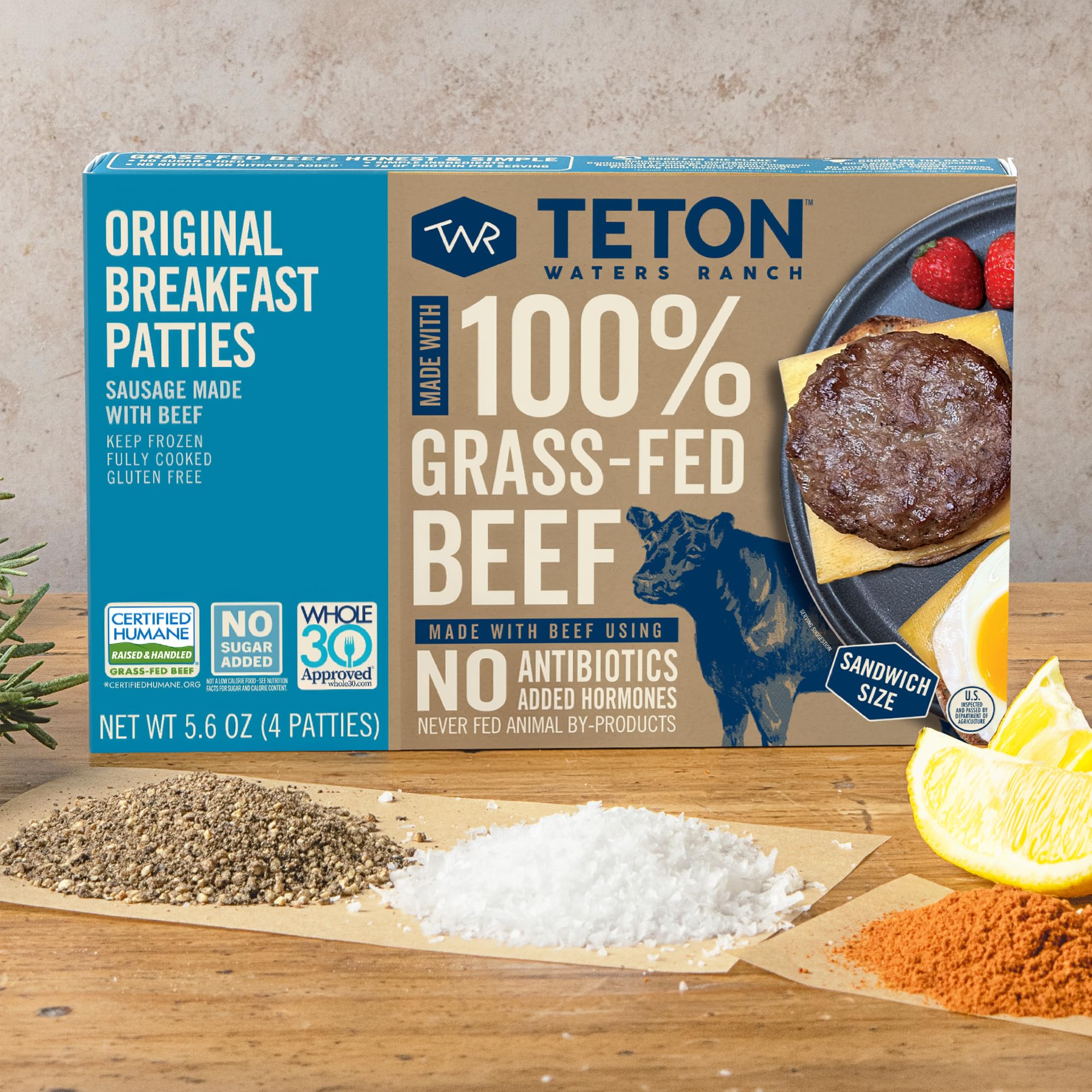 Teton Waters Ranch Breakfast Sausage Patties, 100% Grass-Fed Beef, Fully Cooked, Frozen Beef Breakfast Patties, No Sugar, No Nitrates or Nitrates