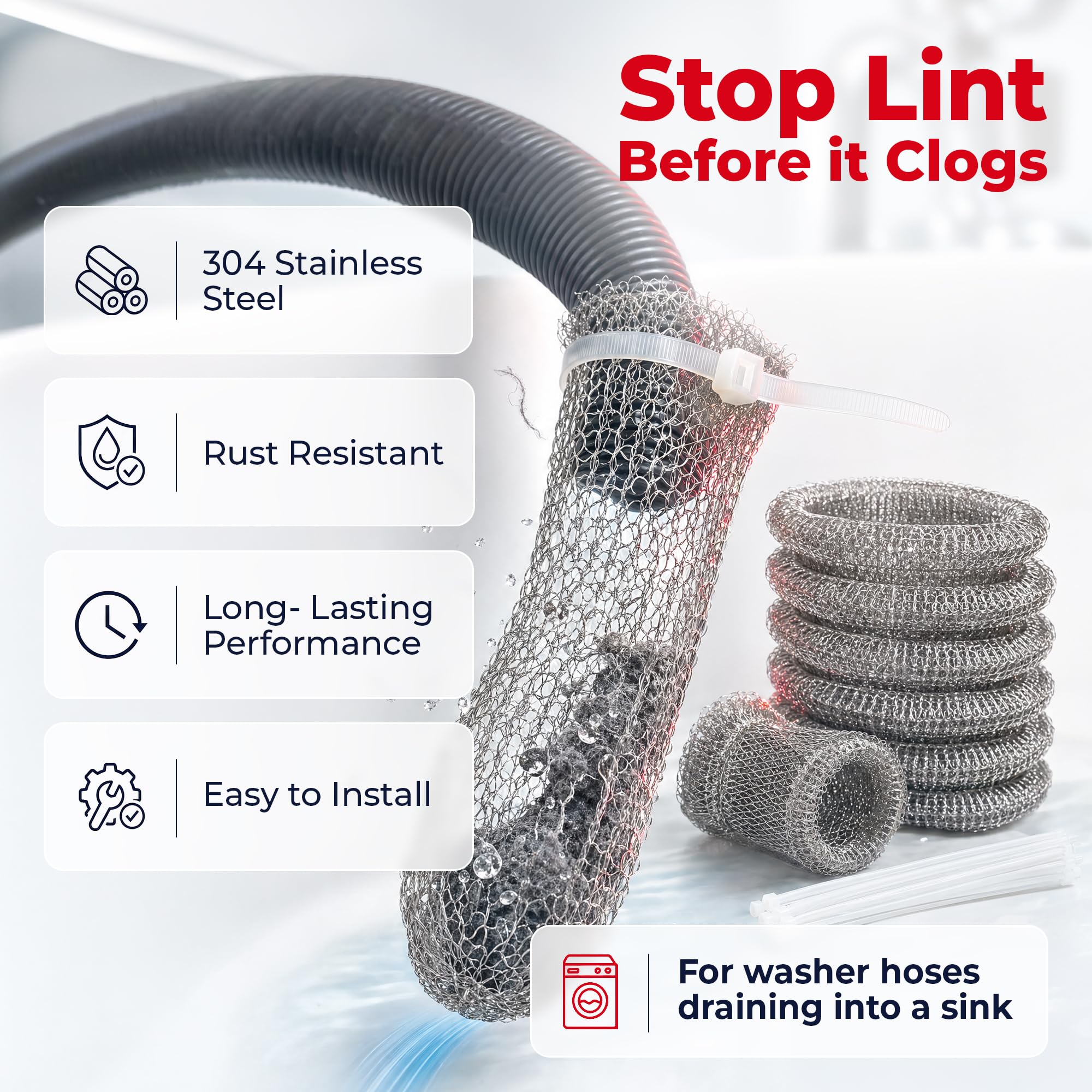 DR Quality Parts Washing Machine Lint Trap - Stainless Steel Hose Filter, Mesh Drain Catcher, Washer Sock Lint Remover, Rust-Free Snare Laundry Filter