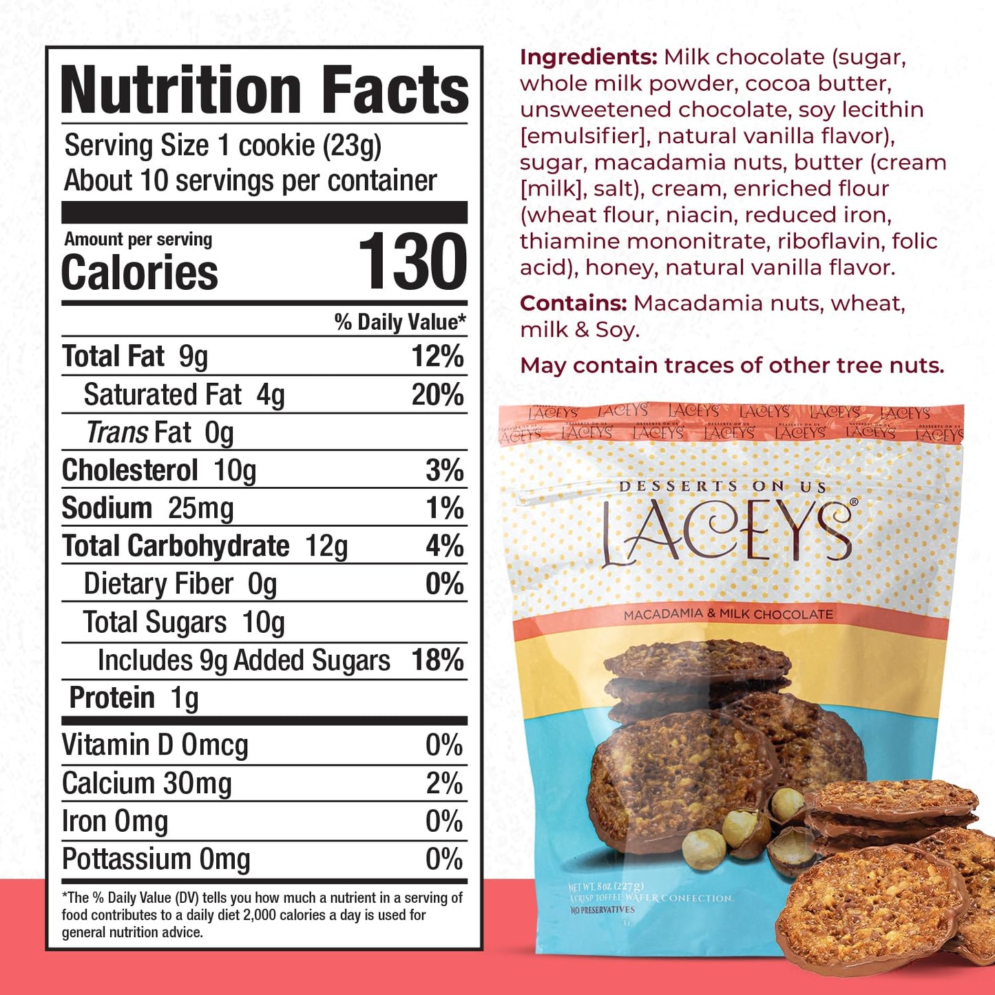Laceys Gourmet Cookies | Light and Crispy Delicious Cookies | Handcrafted by Desserts On Us (8 Ounce, Macadamia & Milk Chocolate)