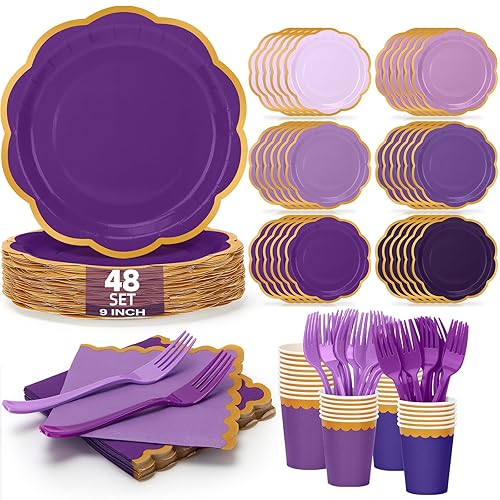CLIYTICA Purple Paper Plates and Napkins Party Supplies Serves for 48 Guests, Disposable Gradient 9’’ Scalloped Lavender and Gold Plates Tableware Set