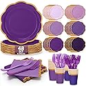 CLIYTICA Purple Paper Plates and Napkins Party Supplies Serves for 48 Guests, Disposable Gradient 9’’ Scalloped Lavender and Gold Plates Tableware Set