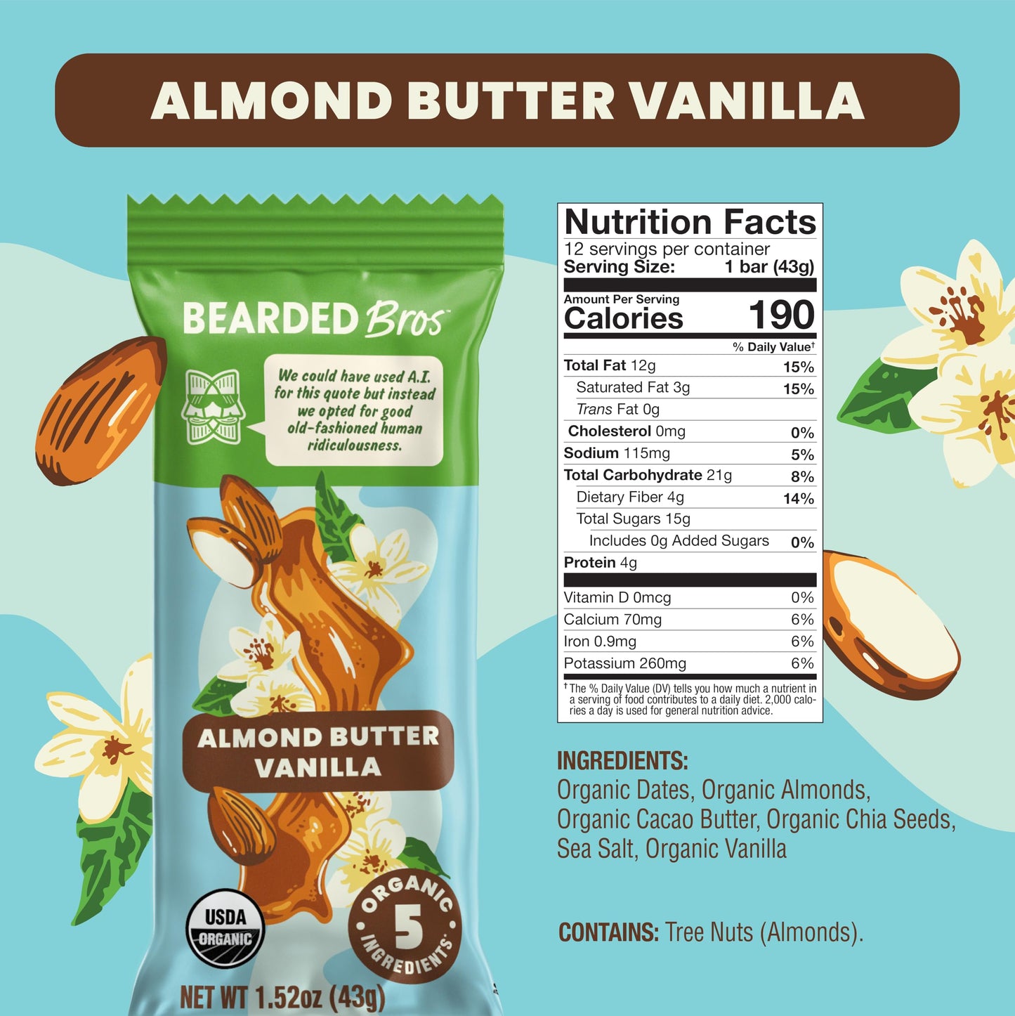 Bearded Brothers Organic Vegan Energy Bars - Gluten & Soy Free, Paleo, Whole 30 | Non GMO, Low Glycemic, High Protein, Fiber (12 Count (Pack of 1)