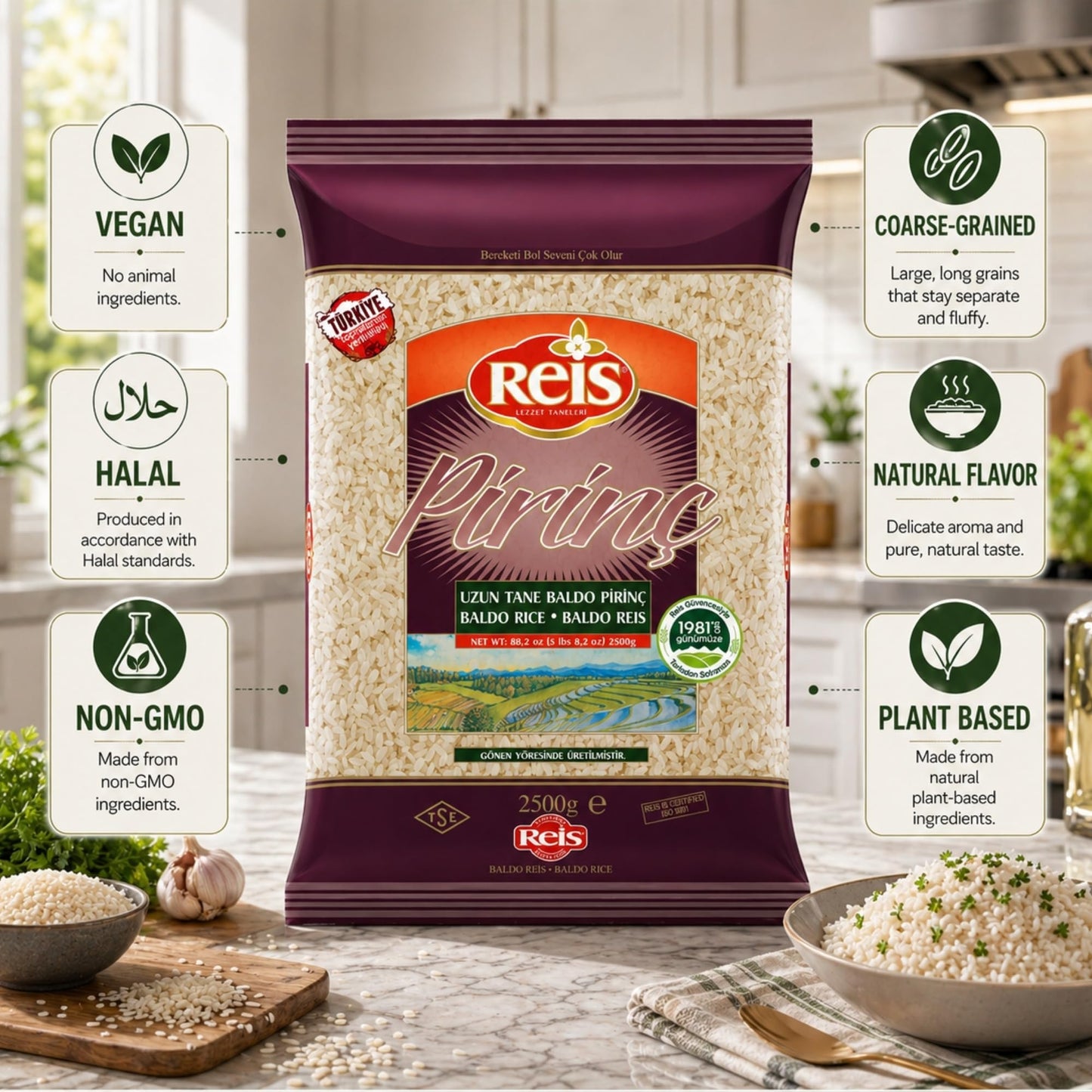 Reis Baldo Rice, Long Grain White Rice, Natural Cereal Bag for Pilafs & Meals, Healthy Pantry Staples, Turkish Grocery Foods, Non-GMO, Bulk, Arroz, Pirinc, Vegan, Halal, 5.5 Lbs (2500g)