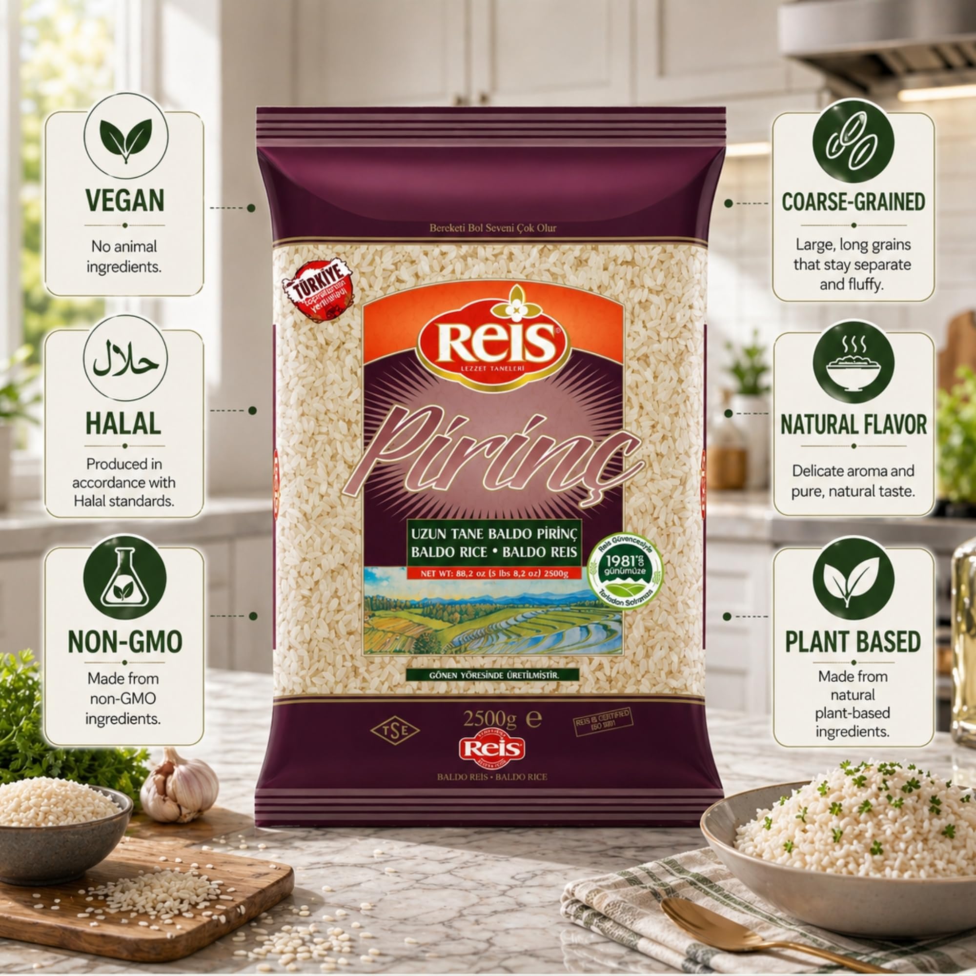 Reis Baldo Rice, Long Grain White Rice, Natural Cereal Bag for Pilafs & Meals, Healthy Pantry Staples, Turkish Grocery Foods, Non-GMO, Bulk, Arroz, Pirinc, Vegan, Halal, 5.5 Lbs (2500g)