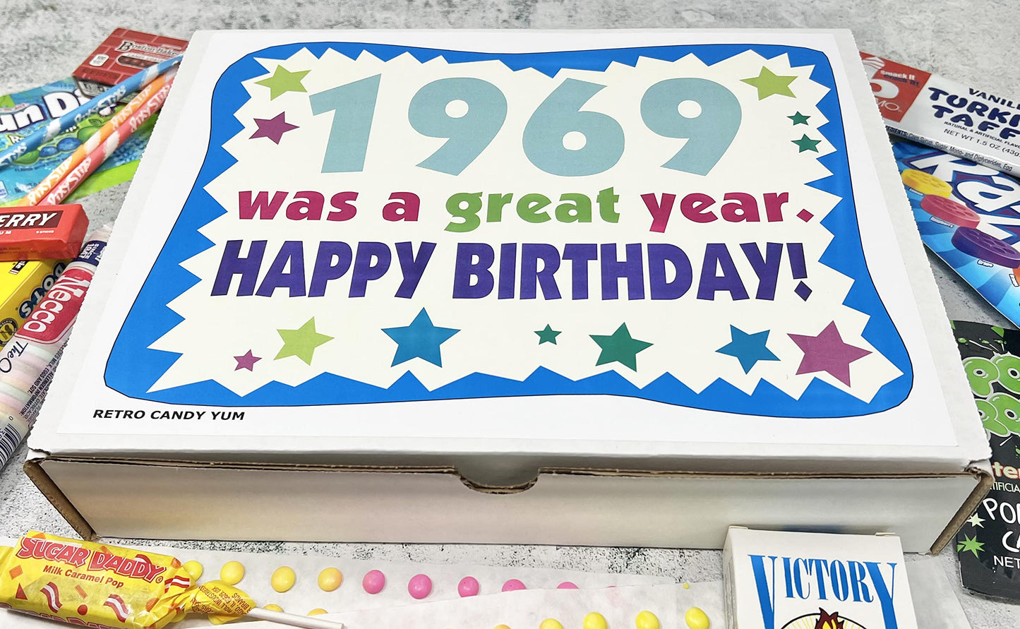 RETRO CANDY YUM ~ 1969 57th Birthday Gift Box Nostalgic Candy from Childhood for 57 Year Old Man or Woman Born 1969