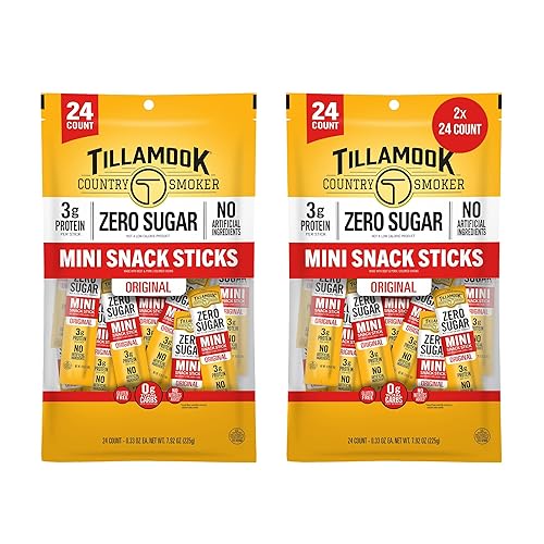 Tillamook Country Smoker Zero Sugar Original Mini Smoked Sausages, 0.33 Ounce, 48 Count, Individually Wrapped Beef Sticks for Kids-Friendly Snacking