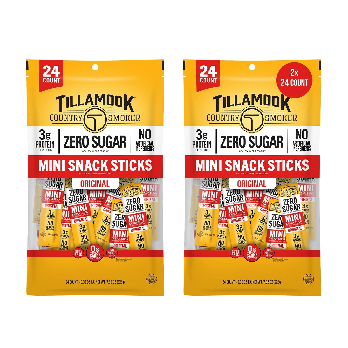 Tillamook Country Smoker Zero Sugar Original Mini Smoked Sausages, 0.33 Ounce, 48 Count, Individually Wrapped Beef Sticks for Kids-Friendly Snacking