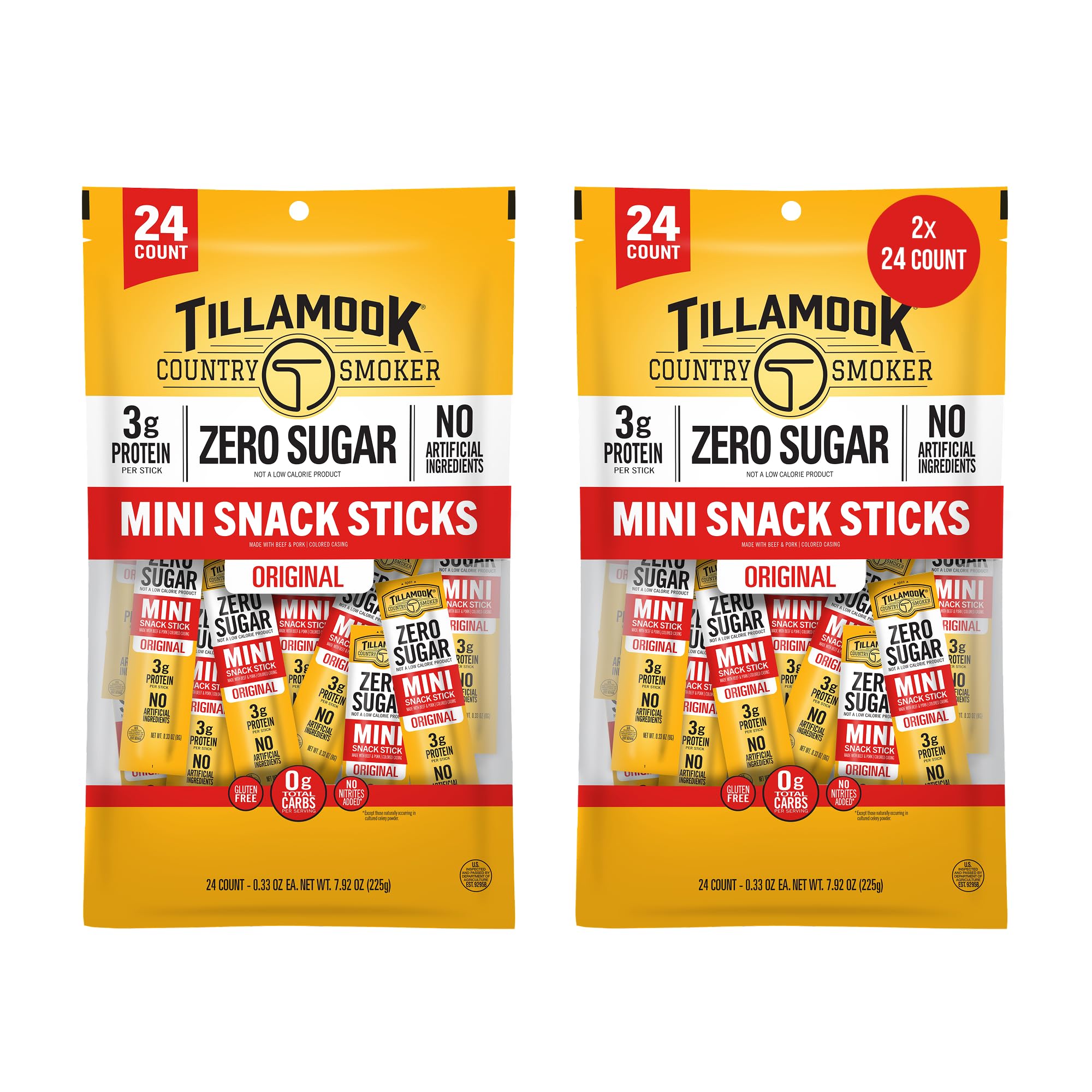 Tillamook Country Smoker Zero Sugar Original Mini Smoked Sausages, 0.33 Ounce, 48 Count, Individually Wrapped Beef Sticks for Kids-Friendly Snacking