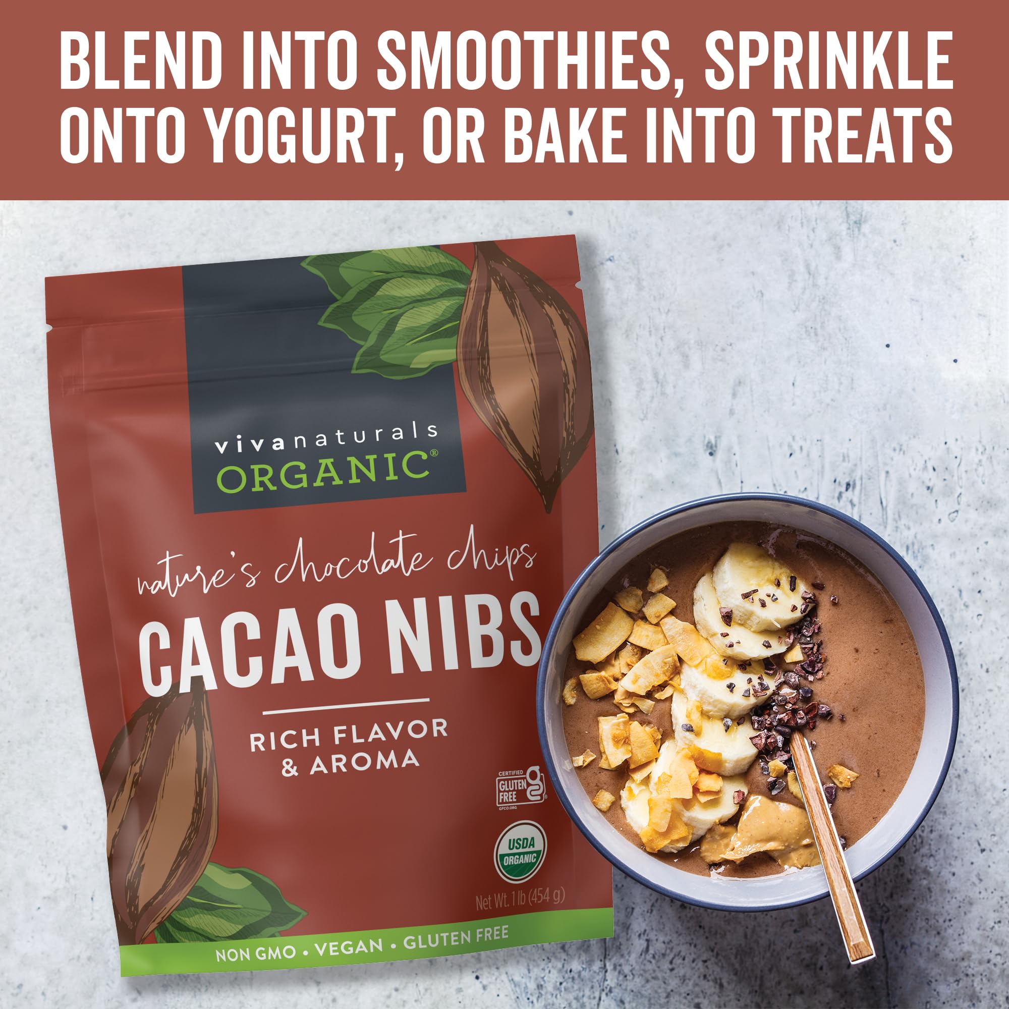 Viva Naturals Organic Cacao Nibs, Unsweetened, 1 LB (454 g), Keto Friendly, Vegan, Non-GMO, Gluten-Free Chocolate Chip Substitute