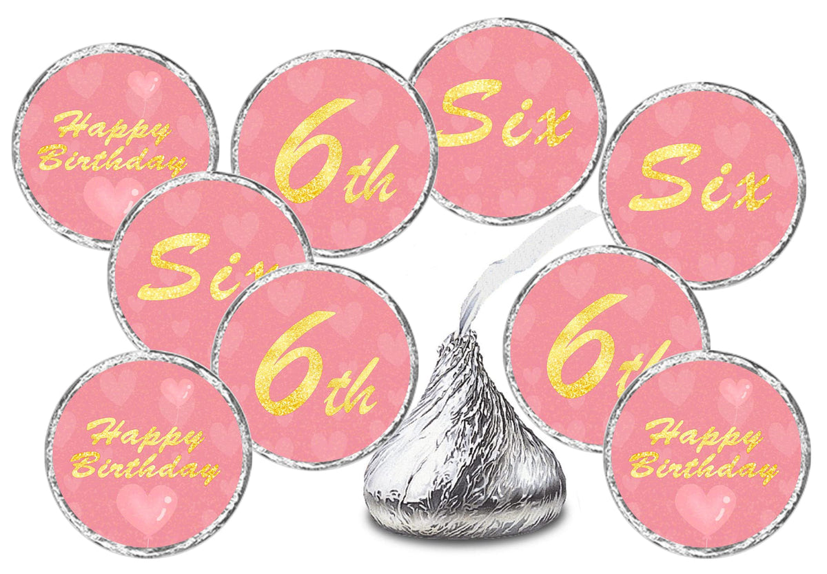 6th Birthday Kisses Stickers, Six Pink Kiss Labels for Girl Happy Birthday Party, Chocolate Drop Tabletop Decorations, Candy Not Included. Made in USA