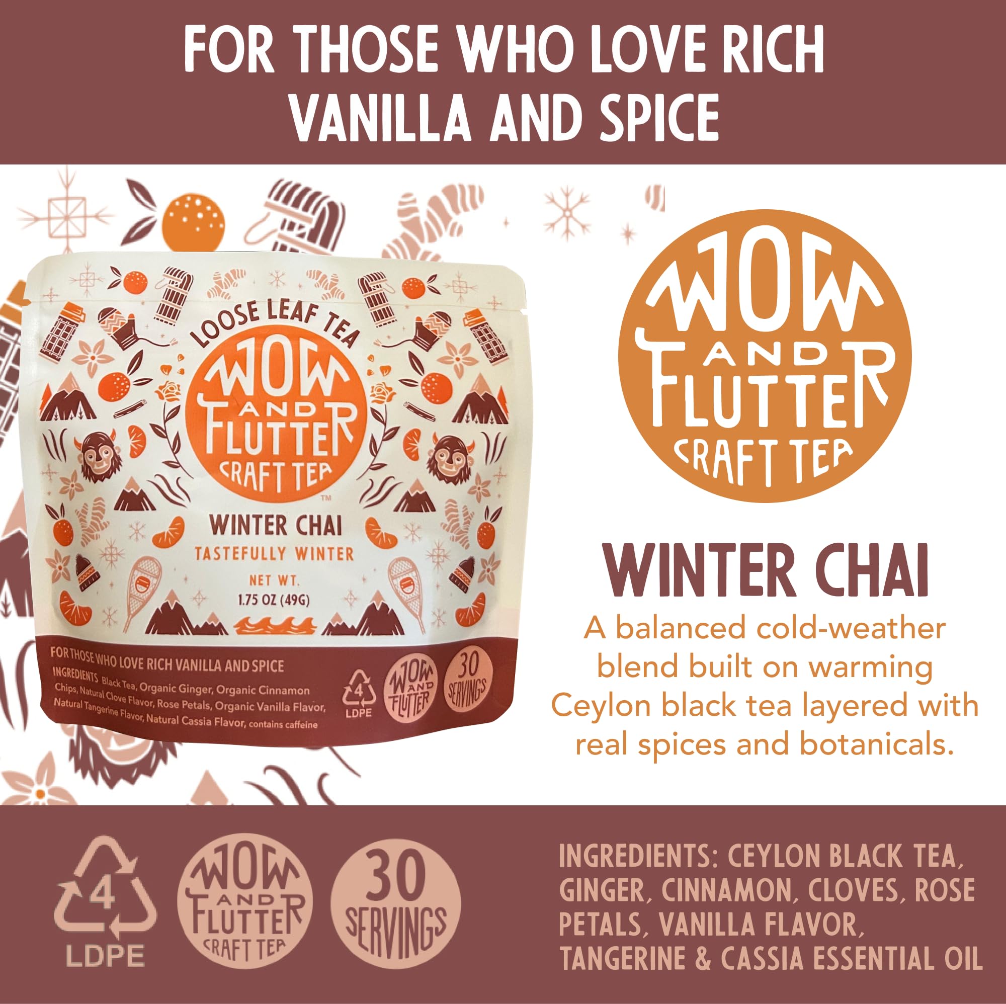 Wow and Flutter Winter Chai Loose Leaf Black Tea | Caffeinated Spiced Blend with Ginger, Cinnamon, Cloves, Vanilla & Rose | Bright Citrus Finish, Cozy