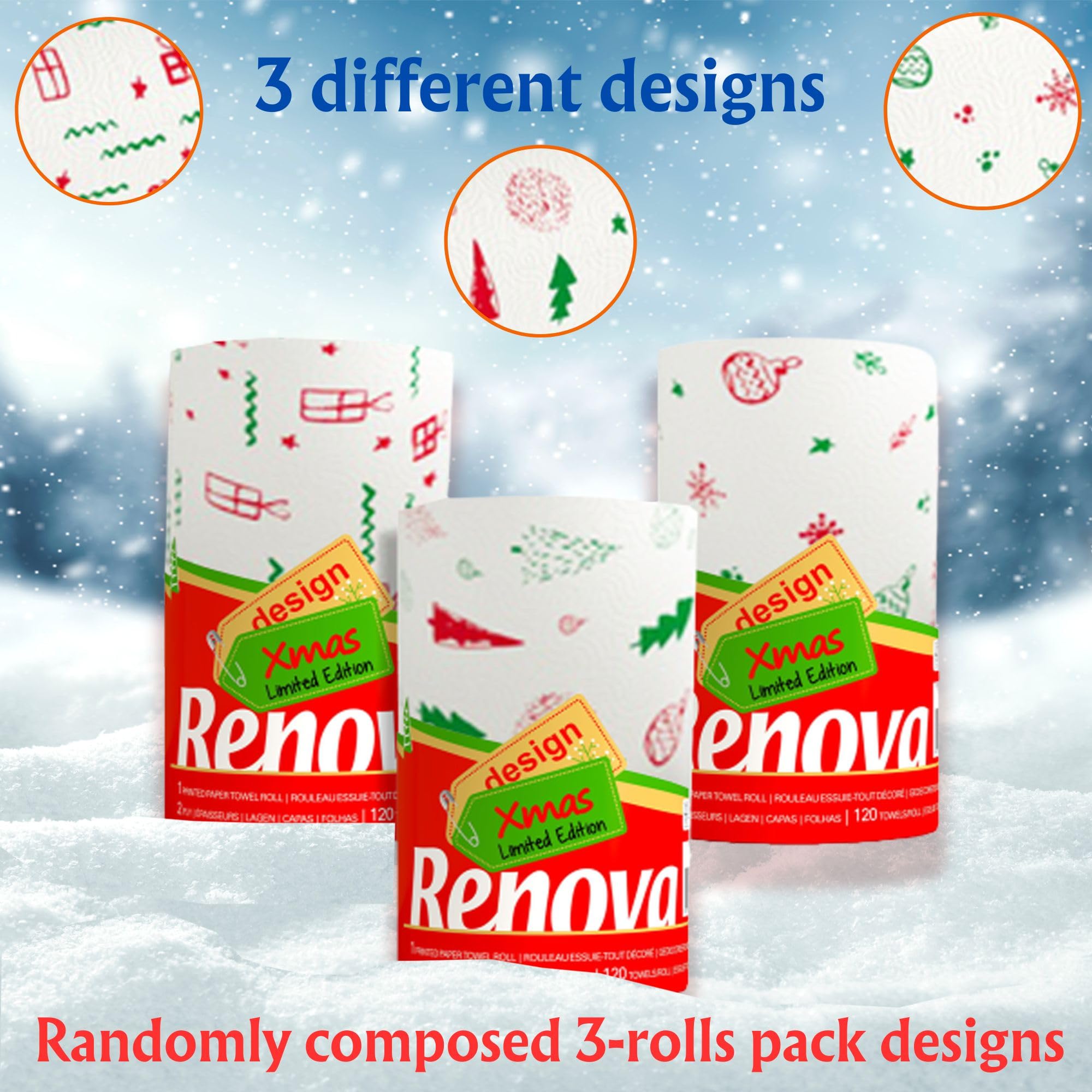 Homdkor Renova Christmas Kitchen Paper Towel 3 Jumbo Rolls 2-ply 120 Sheets- Printed Paper Rolls for Christmas Decoration Table - Use as Christmas