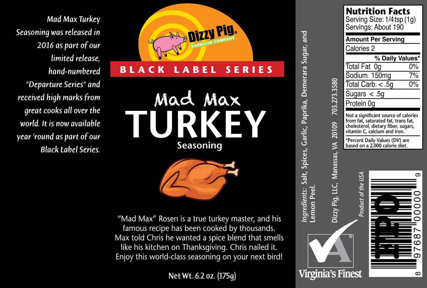 Dizzy Pig Mad Max Turkey Seasoning Rub (8oz Shaker) - Seasons 30+lbs of Food - Hand Made in the USA - MSG Free, Gluten Free