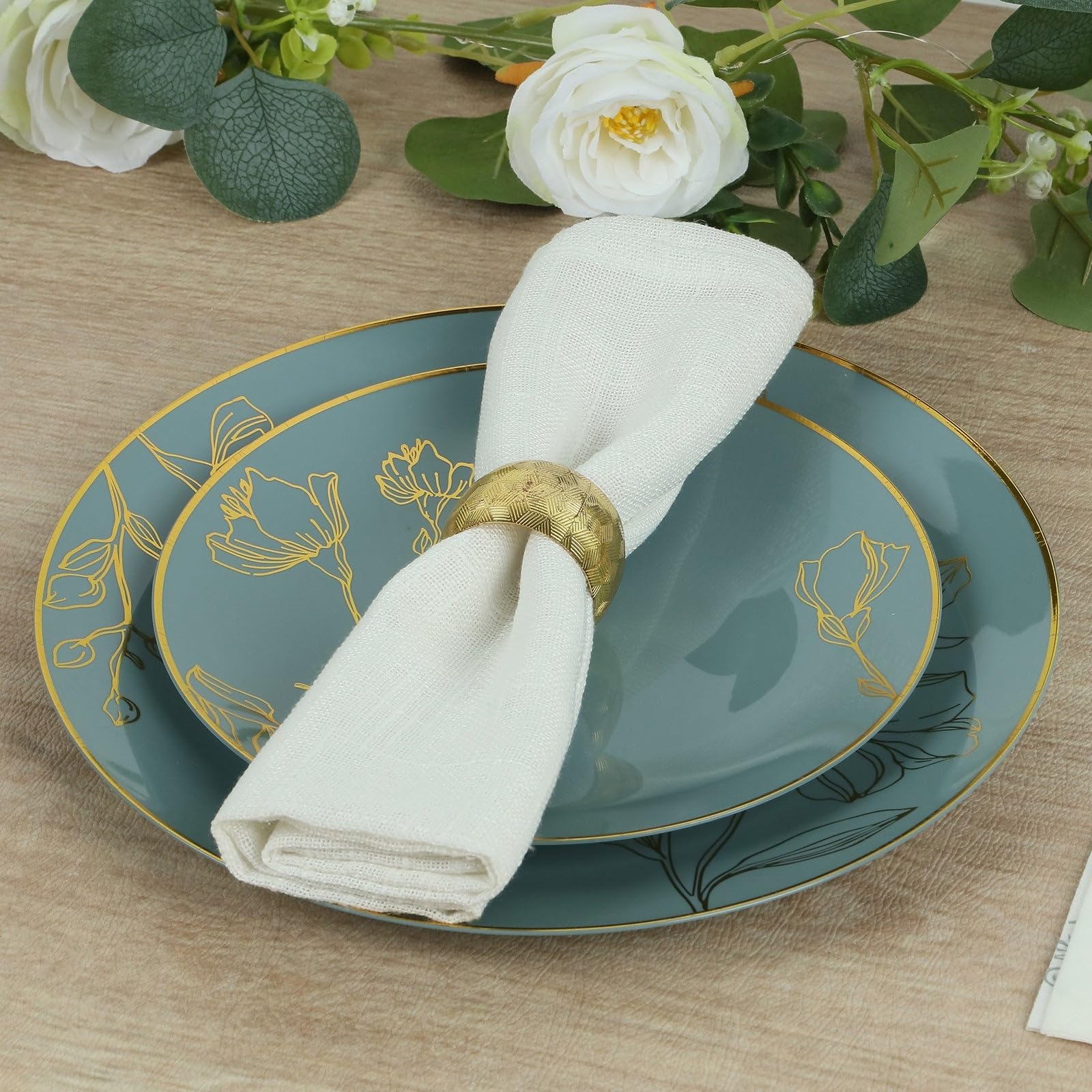 TCF Linen Dinner Plates Set for 50 Guests, Dusty Blue Plastic Party Plates With Metallic Gold Floral Design, 50x 8 inch inch Salad Plates + 50x 10