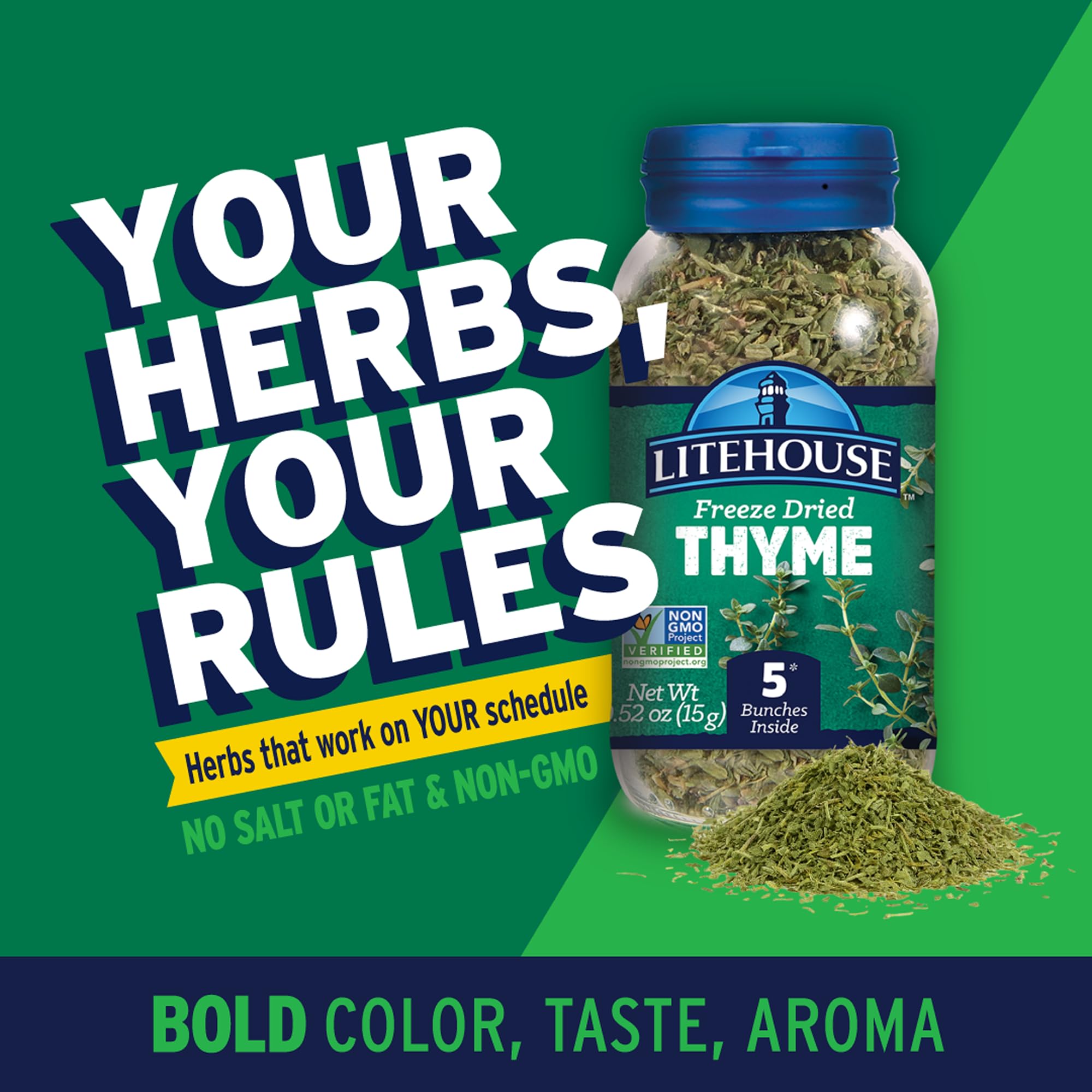 Litehouse Freeze Dried Thyme - Substitute for Fresh Thyme, Jar Equal to 5 Thyme Fresh Bunches, Organic, Thyme Seasoning, Non-GMO, Gluten-Free - 0.52