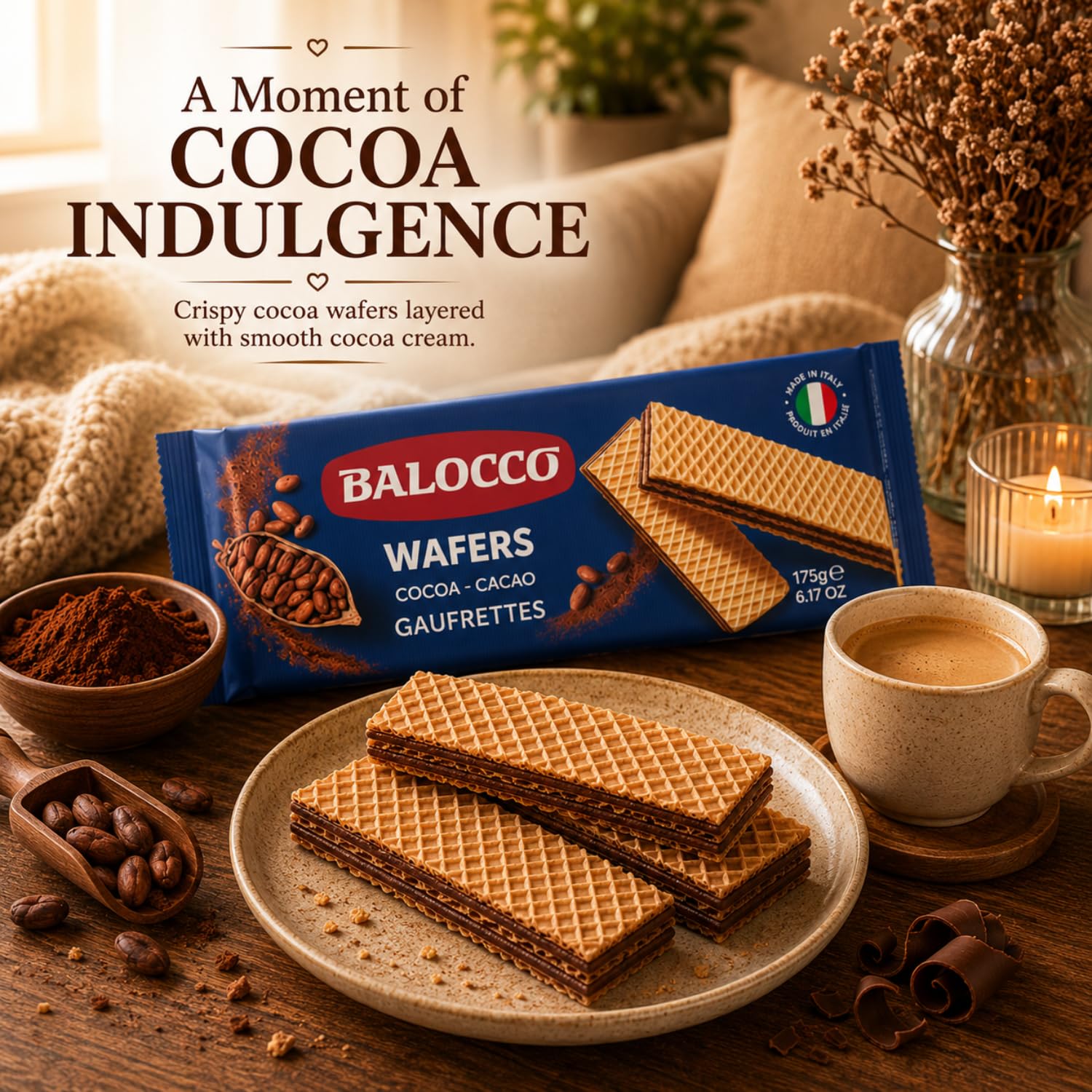 Balocco Cocoa Wafer Cookies 6.1 Oz (175g) - Crispy Italian Wafer Cookies with 2 Layers of Cocoa Cream, Made with Pure Cacao Butter, Non-GMO, Product