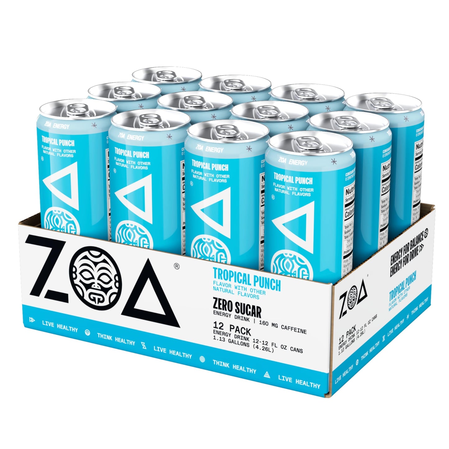 ZOA Zero Sugar Energy Drinks - Tropical Punch | Healthy Energy Formula with Natural Caffeine, Daily Vitamin C, Essential B-Vitamins | Gluten-Free