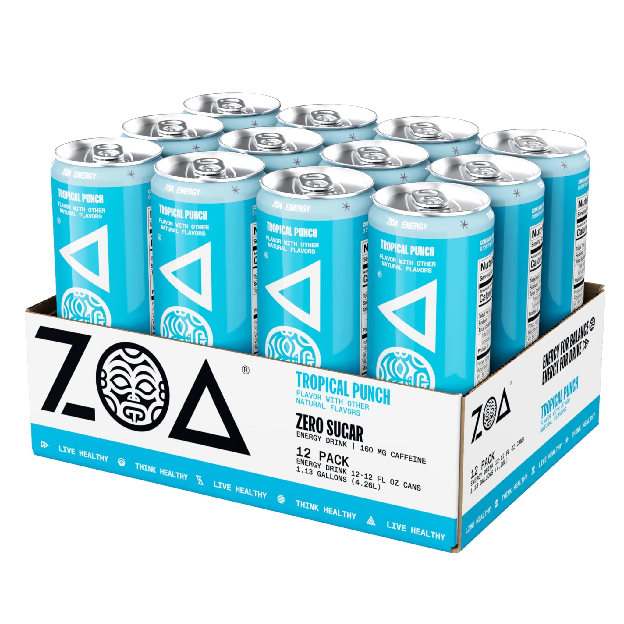ZOA Zero Sugar Energy Drinks - Tropical Punch | Healthy Energy Formula with Natural Caffeine, Daily Vitamin C, Essential B-Vitamins | Gluten-Free