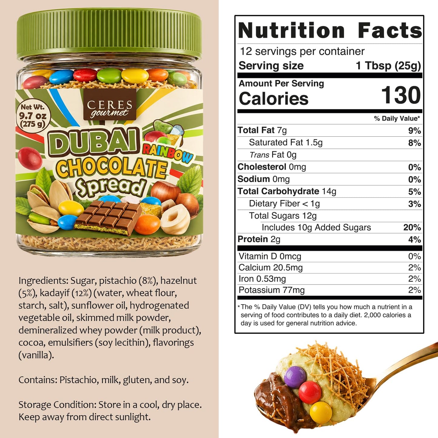 Ceres Gourmet Dubai Chocolate Spread with Candy Coated Chocolate Rocks and Pebbles - Premium Crunchy Snacks with Crispy Kataifi and Smooth Pistachio