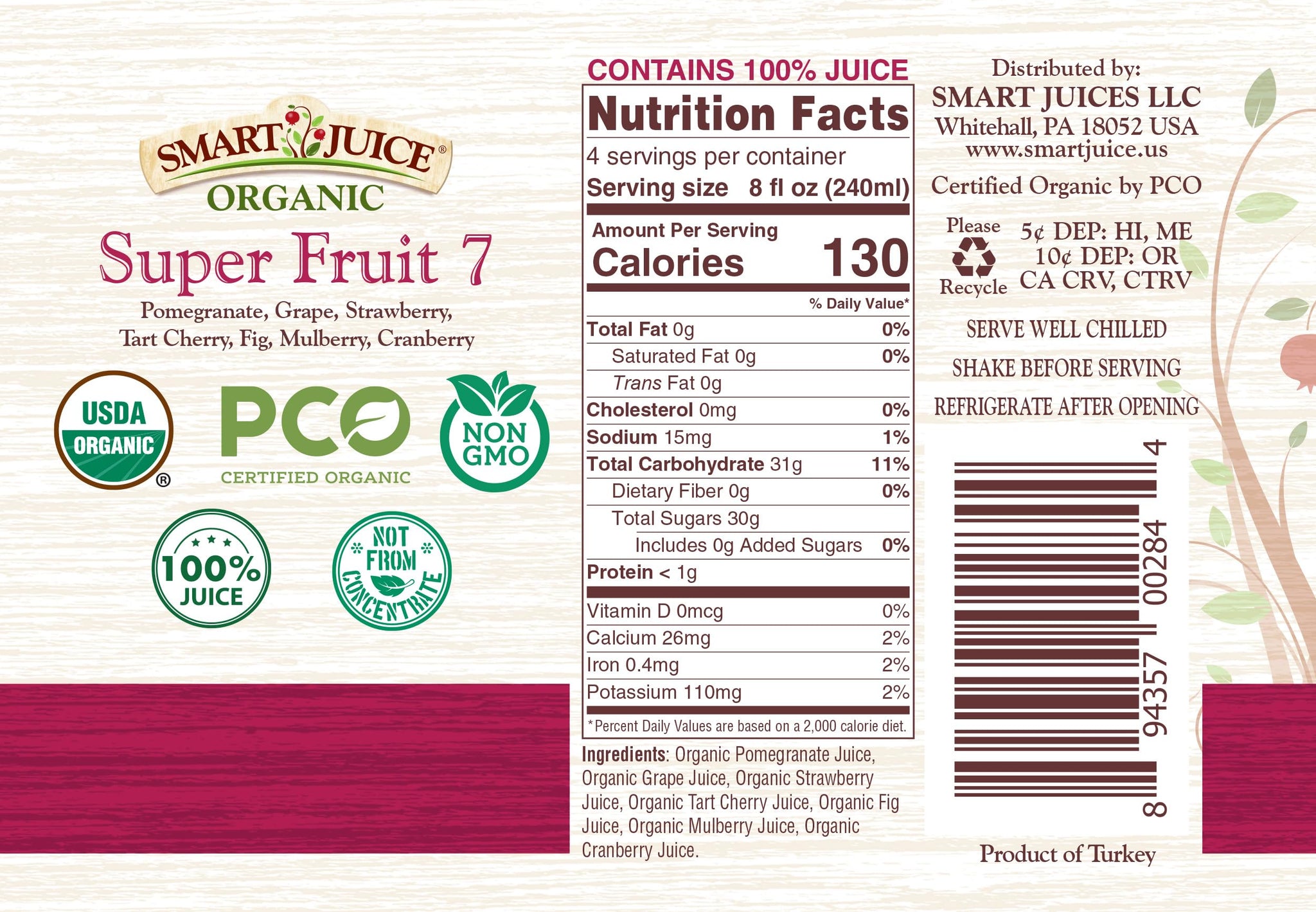 Smart Juice Super Fruit 7 Organic Juice - 100% Juice, Not From Concentrate - 33.8 fl oz (1L) - (Pack of 6)