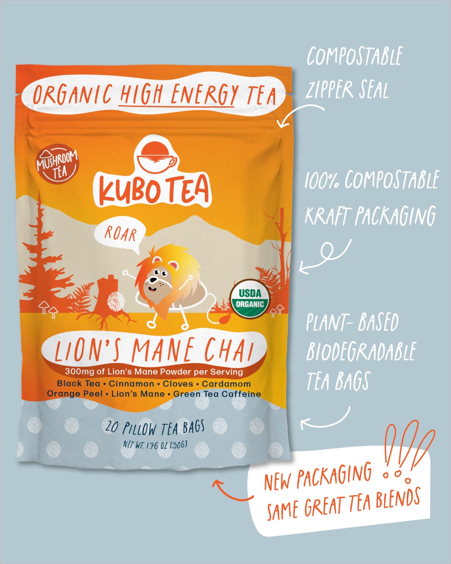 Kubo Lion’s Mane Chai Tea Bags | Organic High Caffeine (155mg) Black Tea + Lion’s Mane Mushroom | 20 Pyramid Count | Caffeinated Tea for Calm Focus