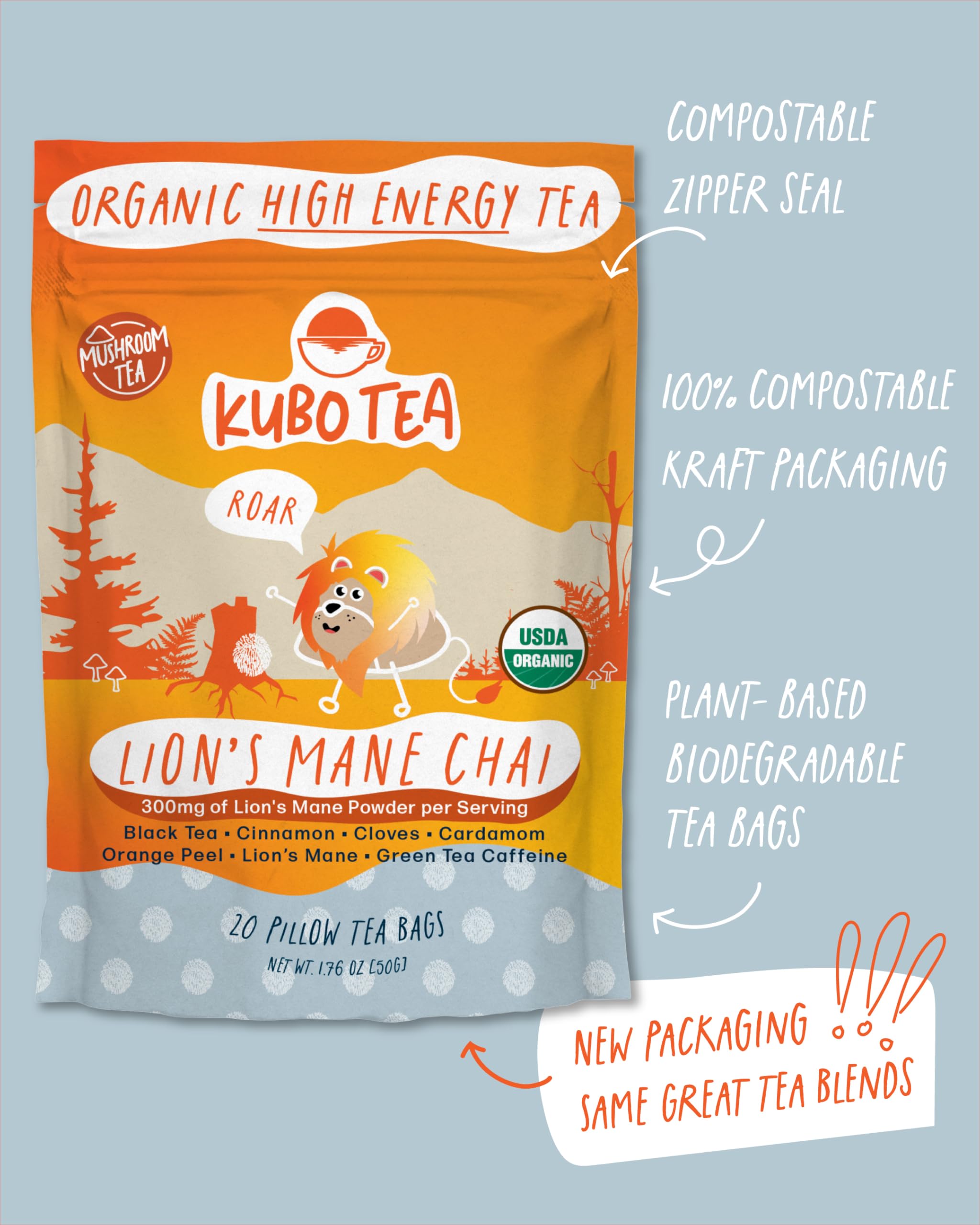 Kubo Lion’s Mane Chai Tea Bags | Organic High Caffeine (155mg) Black Tea + Lion’s Mane Mushroom | 20 Pyramid Count | Caffeinated Tea for Calm Focus