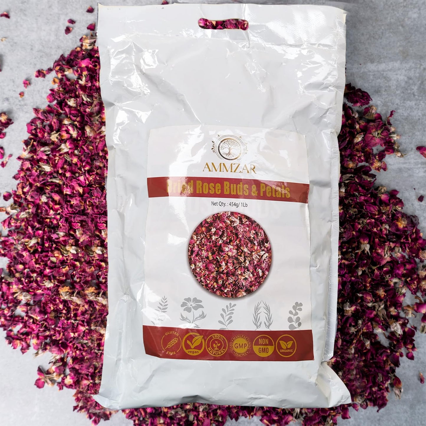 Ammzar Sun-Dried Rose Petals & Dried Rose Buds Whole In Pouch - Fragrant & Rich in Color, Ideal for Culinary & Aromatic Uses Food Grade Edible Flowers