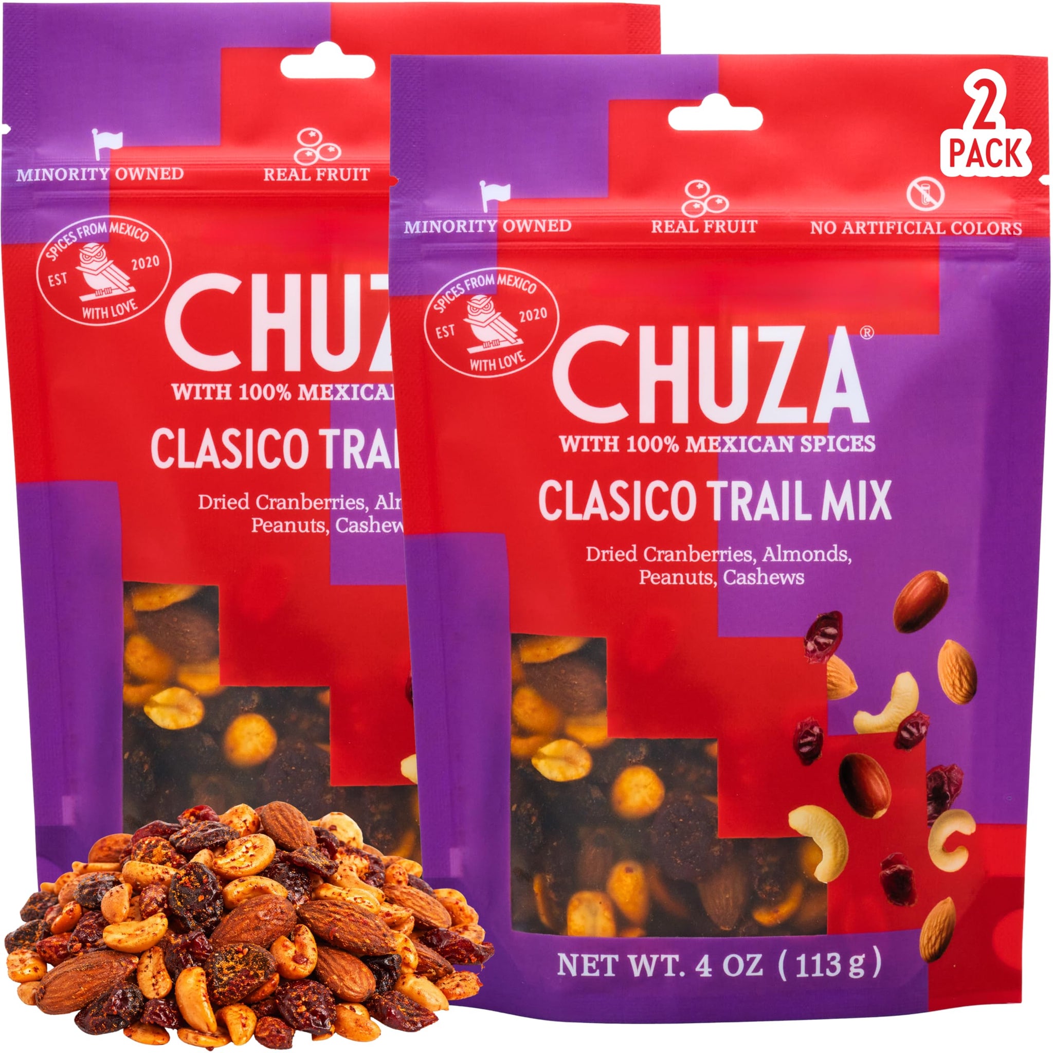 CHUZA Clasico Trail Mix - Semi Spicy Sweet Snack with 100% Mexican Spices - Dried Cranberries, Almonds, Peanuts & Cashews - High Protein - 4 oz (2pk)