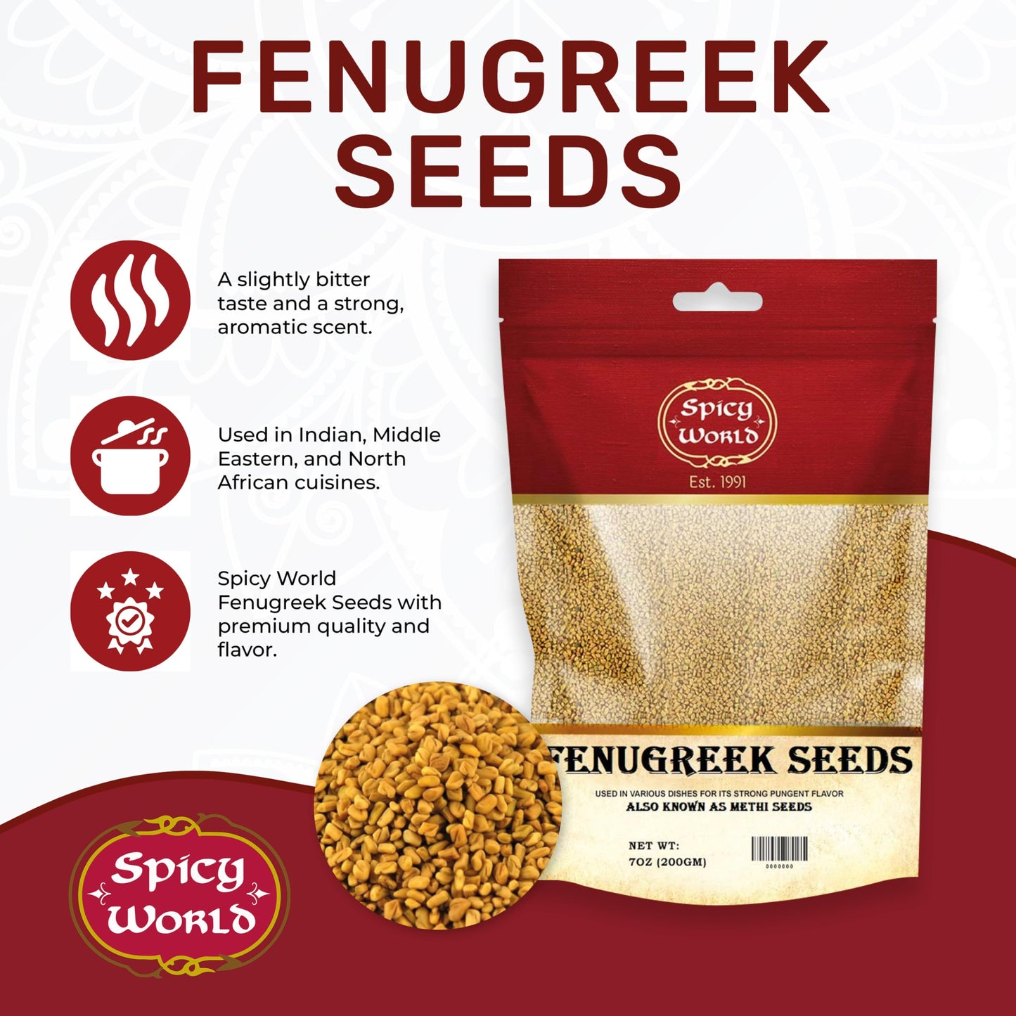 Spicy World Fenugreek Seeds (Methi) 7 Ounce Bag - All Natural & Pure - Resealable Bag