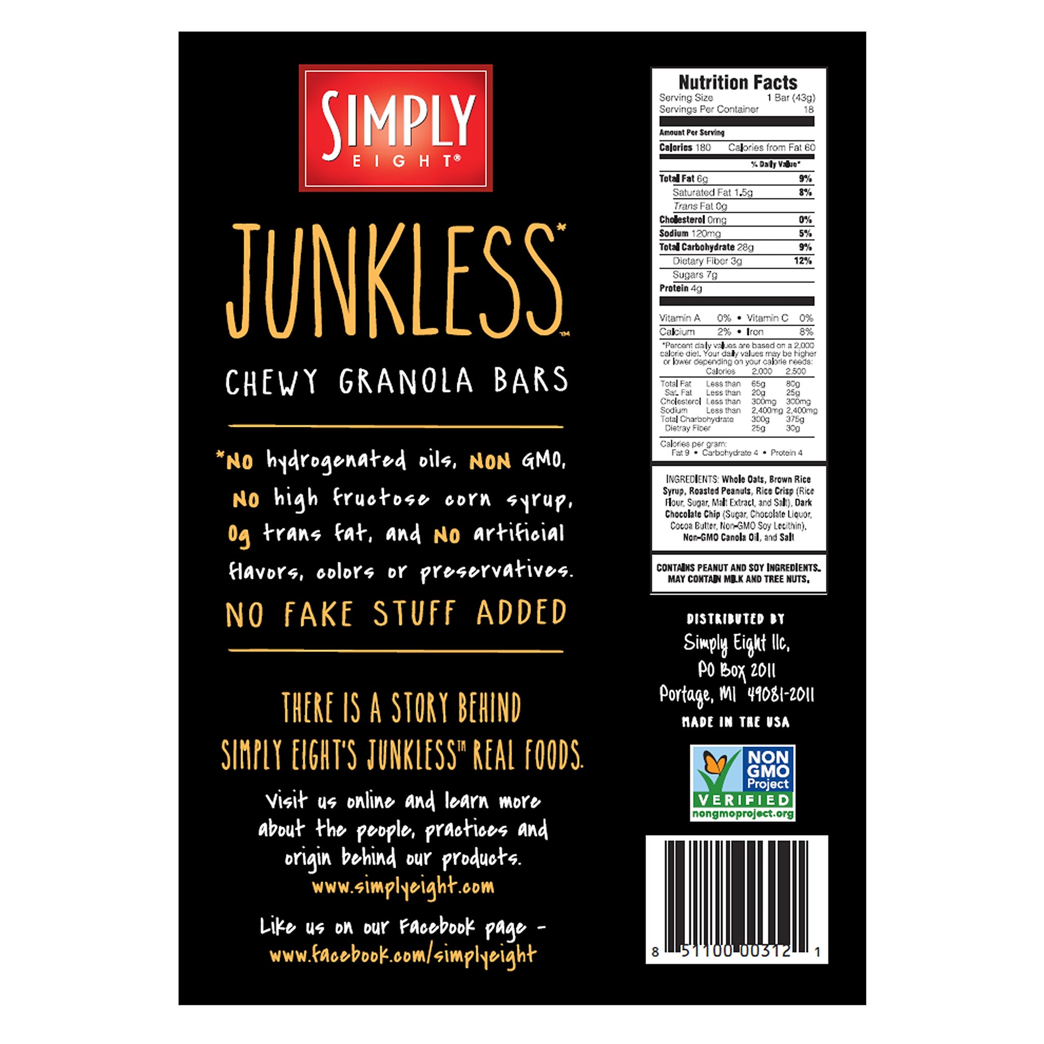 Junkless Chewy Granola Bars, Chocolate Chip, 1.5 oz., 18 Bars