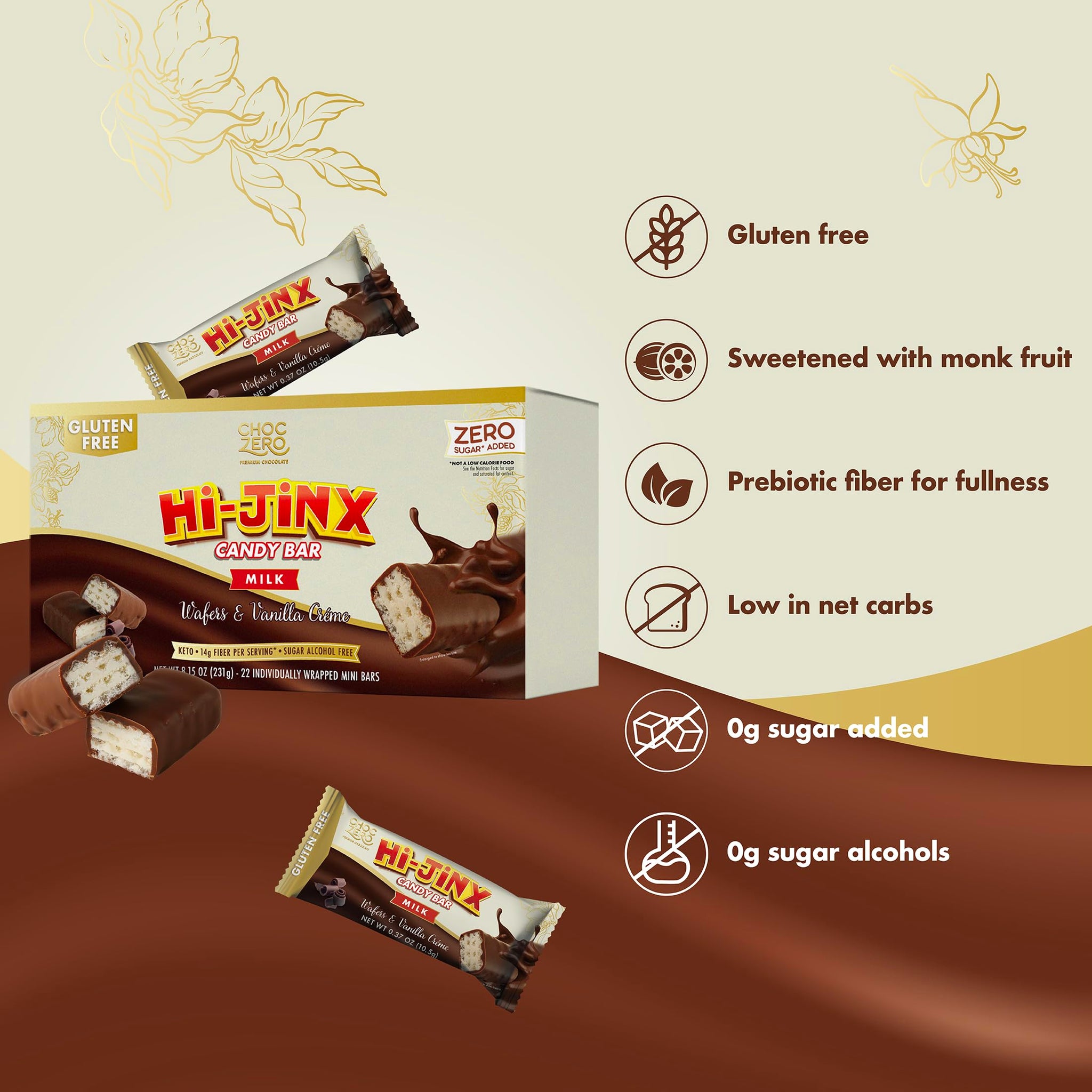 ChocZero Hi-Jinx Milk Chocolate Wafer Bars - Gluten Free, No Sugar Added, Keto Candy Bar with Vanilla Crème, 22 Individually Wrapped Minis, 8.15 oz