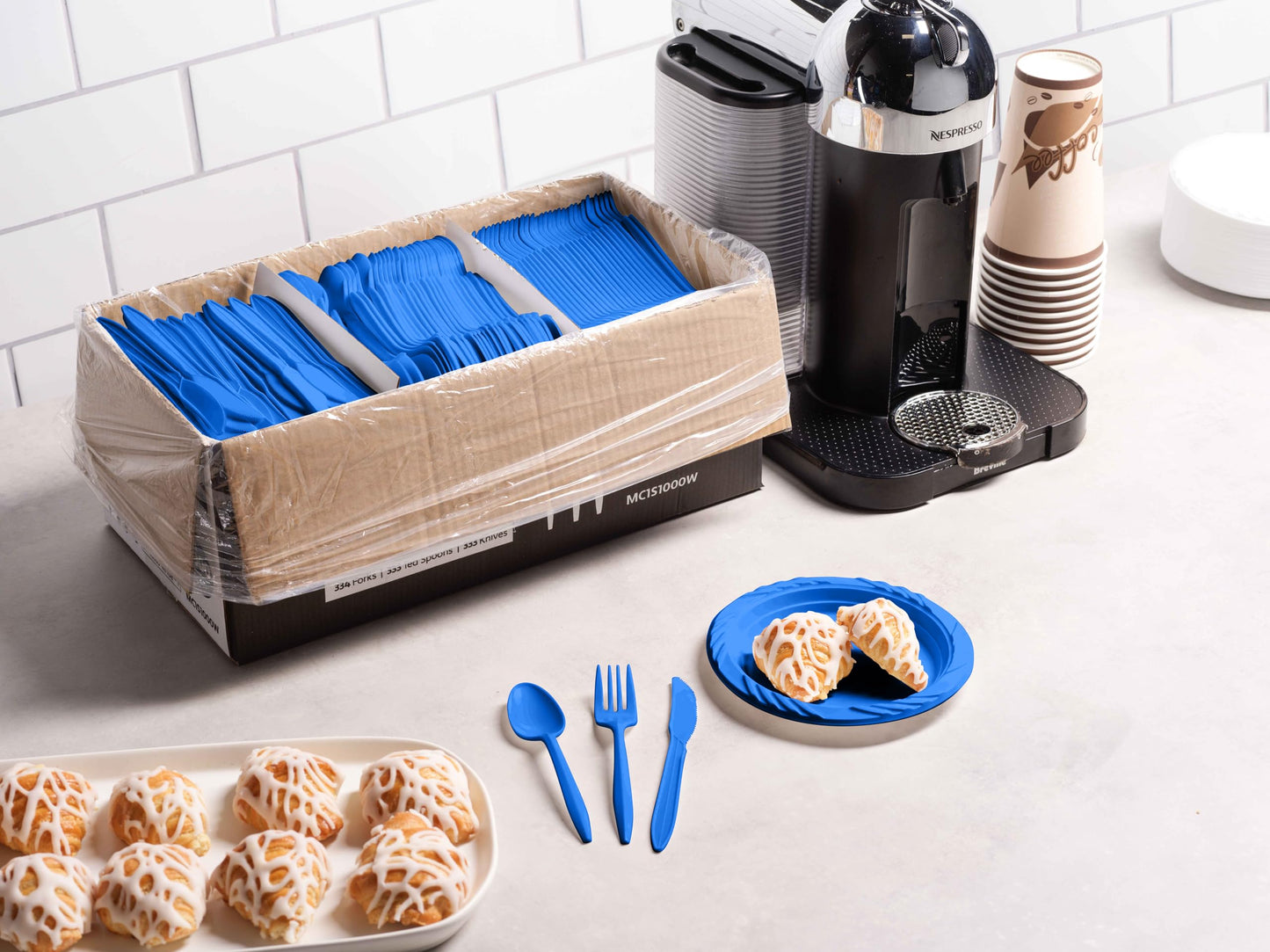 1000 Count Blue Silverware Set, 334 Plastic Forks, 333 Spoons, 333 Knives, Medium Weight BPA Free Disposable Cutlery Set, Bulk Combo Pack Flatware Set