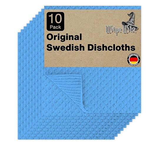 WipeWiz - Swedish DishCloths - 10 Pack (Blue), (German Material) Reusable Cellulose Sponge Cloth for Kitchen - Household, Highly Absorbent, No-Odor