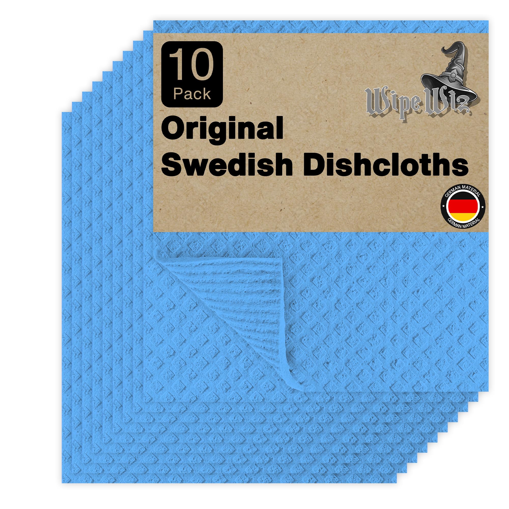 WipeWiz - Swedish DishCloths - 10 Pack (Blue), (German Material) Reusable Cellulose Sponge Cloth for Kitchen - Household, Highly Absorbent, No-Odor