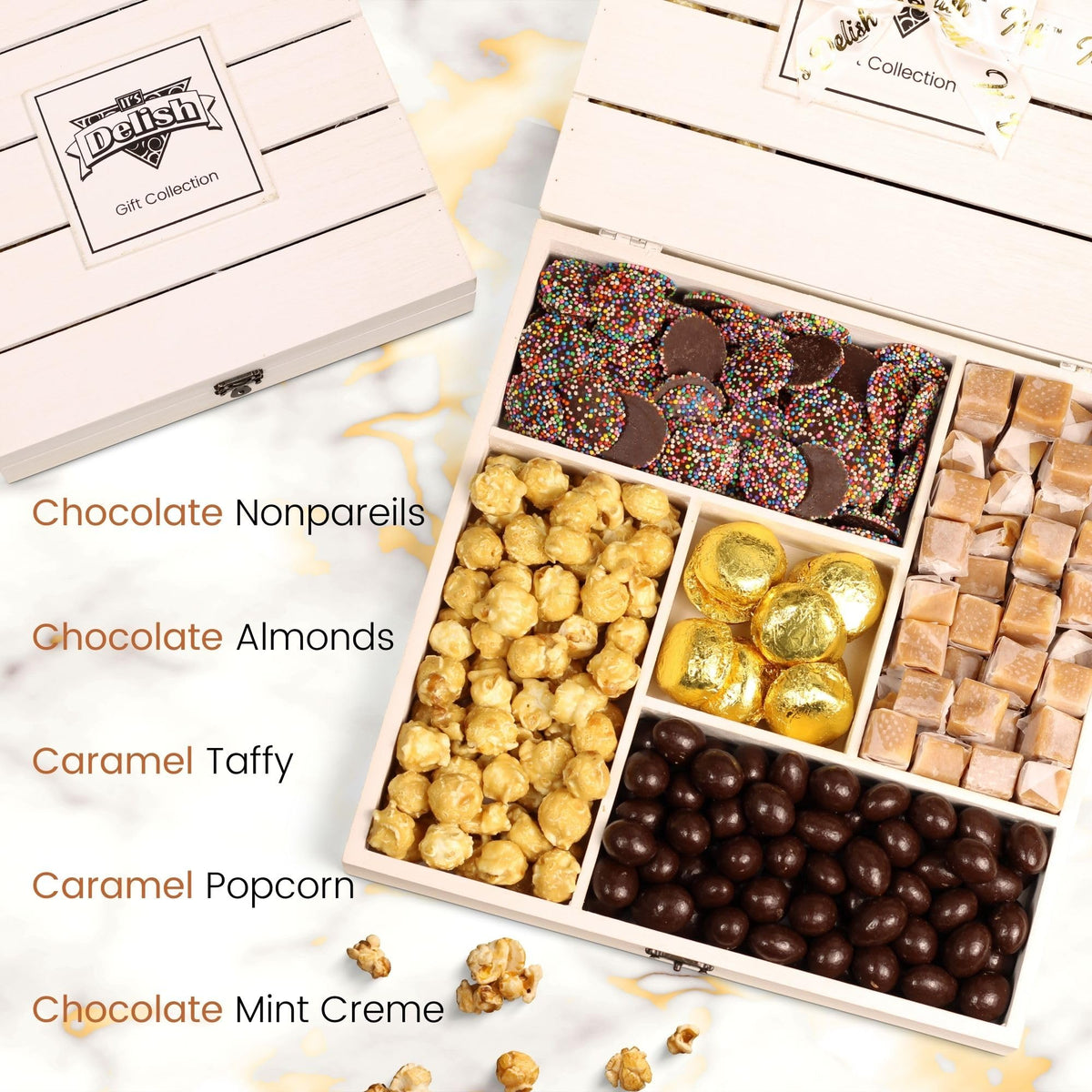 Classy Chocolate Candy Gift Tray - by It's Delish | Candy Gift Basket in Reusable Wooden Crate with Lid | Wood Platter with Holiday Treats and Candies