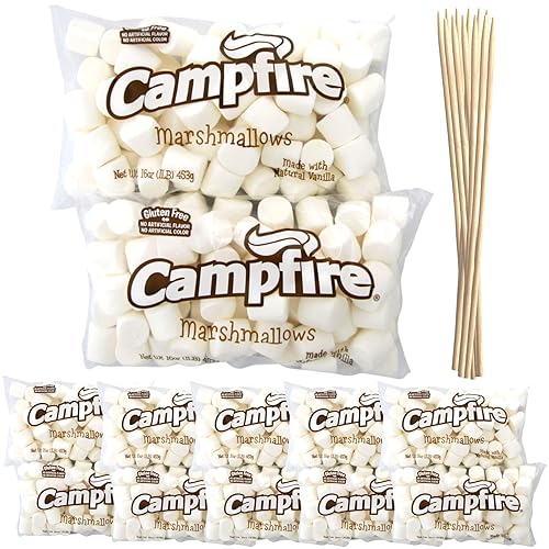 FireStix Case Pack 12 Pounds Bulk Campfire Marshmallows with (100) Roasting Sticks - (12) One Pound Bags of Large Campfire Marshmallows with 12"