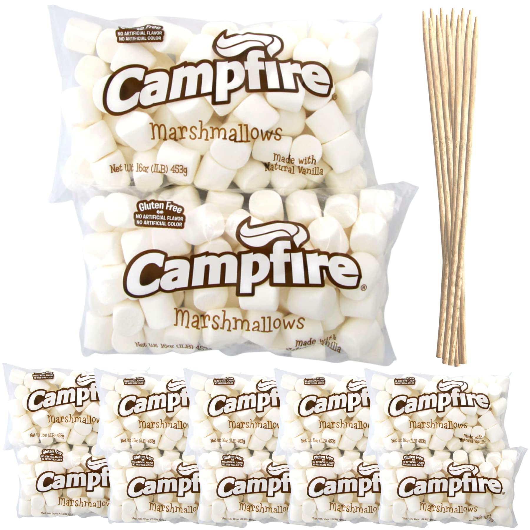 FireStix Case Pack 12 Pounds Bulk Campfire Marshmallows with (100) Roasting Sticks - (12) One Pound Bags of Large Campfire Marshmallows with 12"