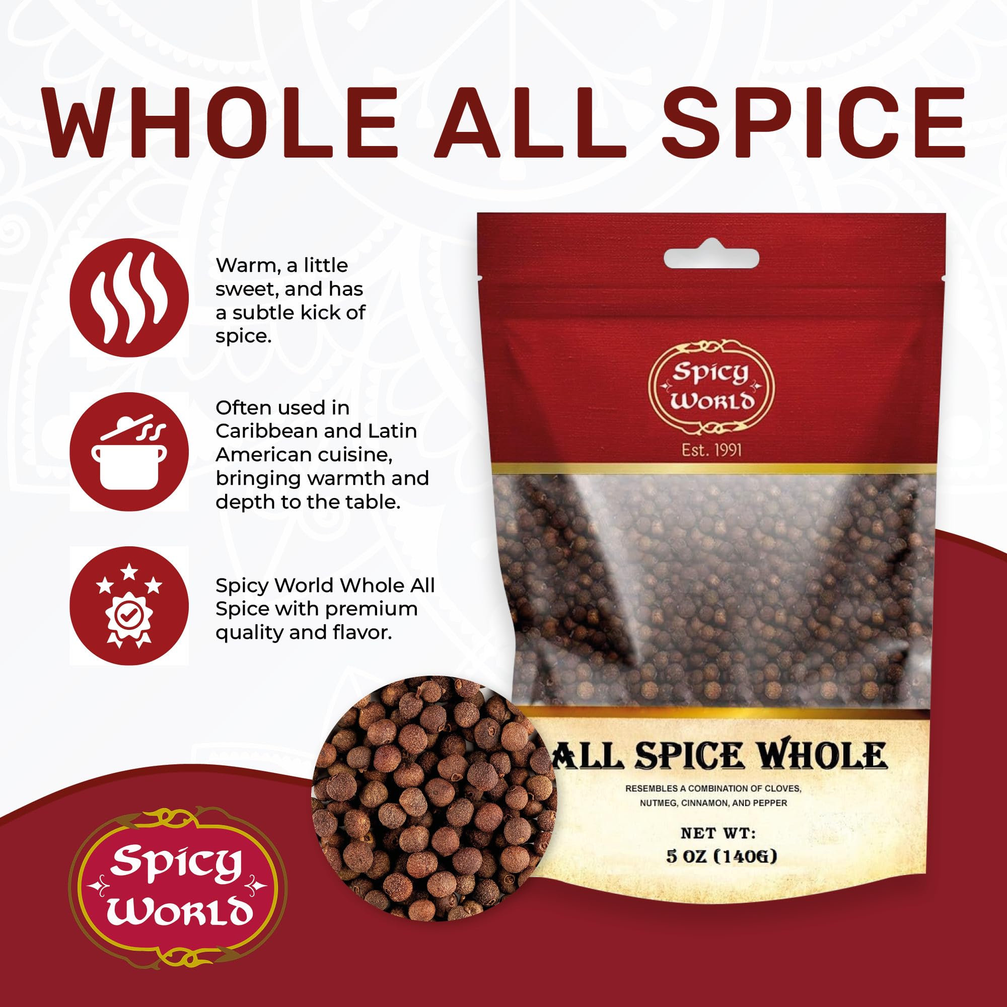 Allspice Whole Berries 5 Ounce Bag - by Spicy World (All Spice) | All Spice Pimento Jamaica Pepper for Cooking & Seasoning | Versatile Berry for