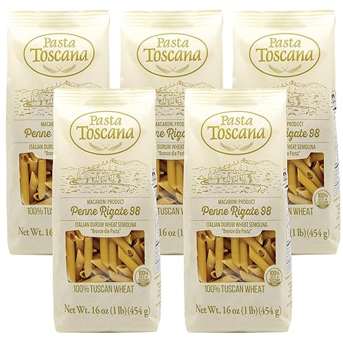 Pasta Toscana | Bronze Die Pasta | Italian Durum Wheat Semolina | Bronze die Pasta, 16 oz (Pack of 5, Penne Rigate)