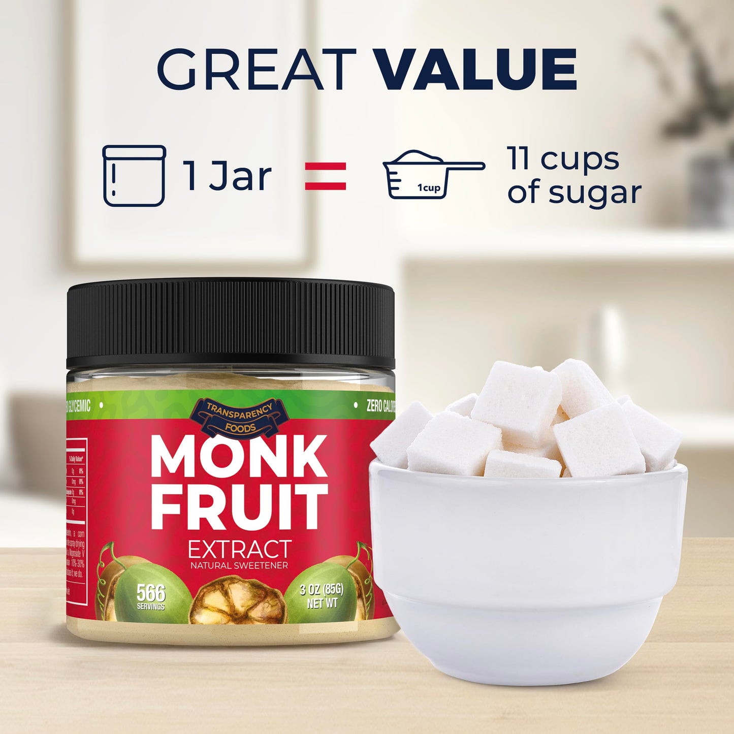 Monk Fruit Sweetener No Erythritol (25X Sweeter Than Sugar) Zero Calories, Zero Glycemic, Non-GMO, No Fillers - Monk Fruit Extract (7% Mogroside V) by