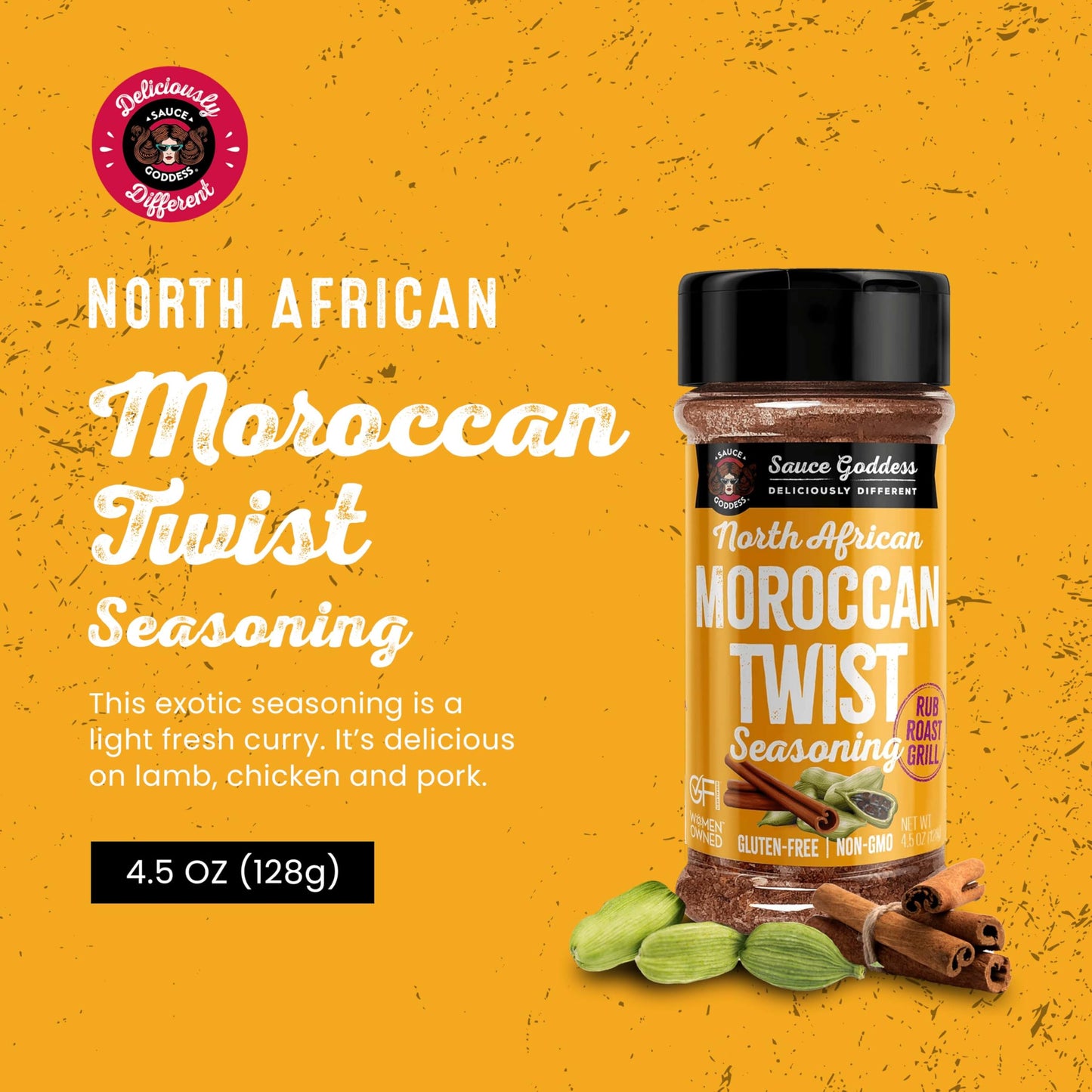 Sauce Goddess - Moroccan Twist Spice Shaker - Exotic Blend with Cardamom & Cinnamon, No Sugar, Gluten-Free, Low Sodium, Vegan - 4.5oz