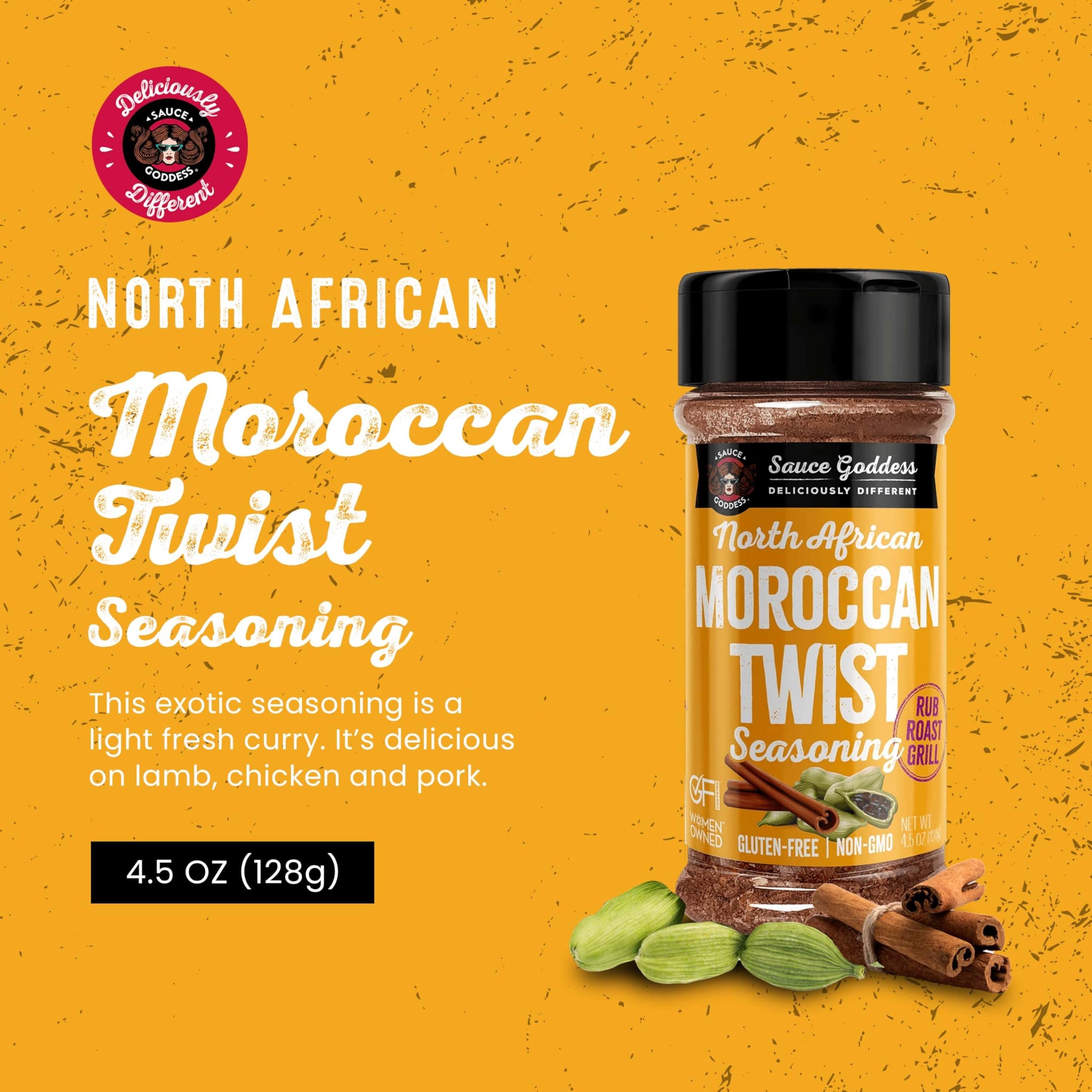 Sauce Goddess - Moroccan Twist Spice Shaker - Exotic Blend with Cardamom & Cinnamon, No Sugar, Gluten-Free, Low Sodium, Vegan - 4.5oz