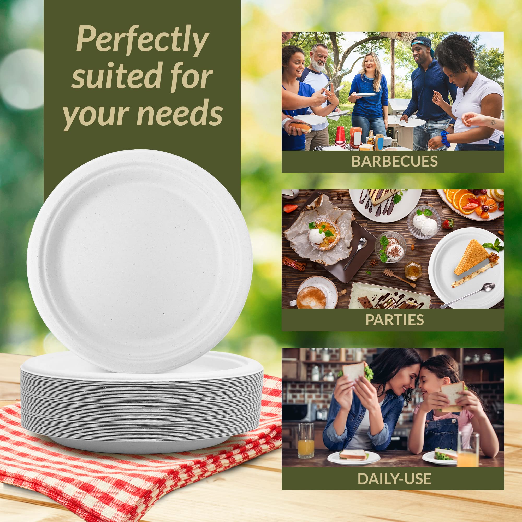 Reli. Compostable Paper Plates 9 Inch (140 Pack Bulk) White Disposable Plates 9" | Heavy Duty Paper, Eco-Friendly | Made of Sugarcane Fibers/Bagasse