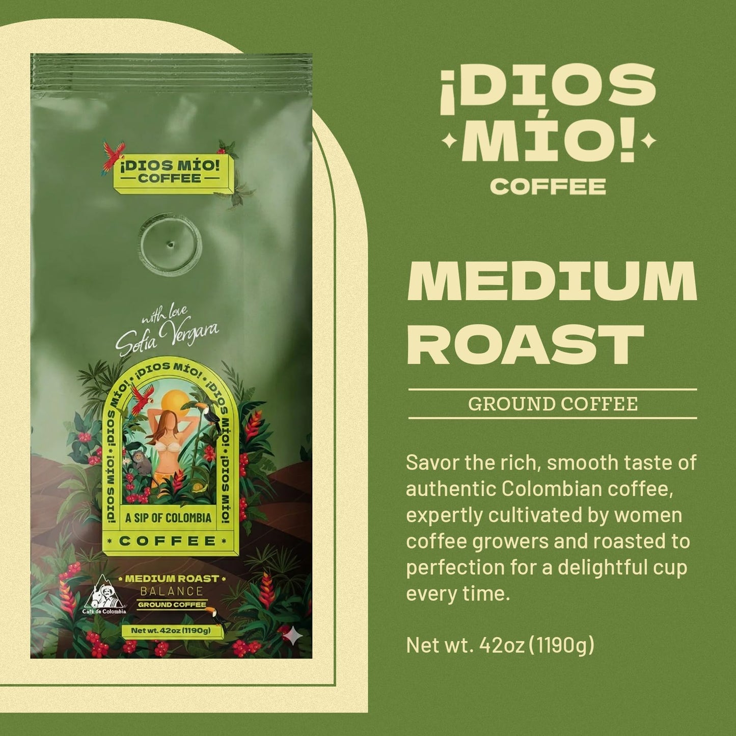 Dios Mio Coffee by Sofia Vergara, Medium Roast, Ground Premium Colombian Coffee, 42 Ounce Bag