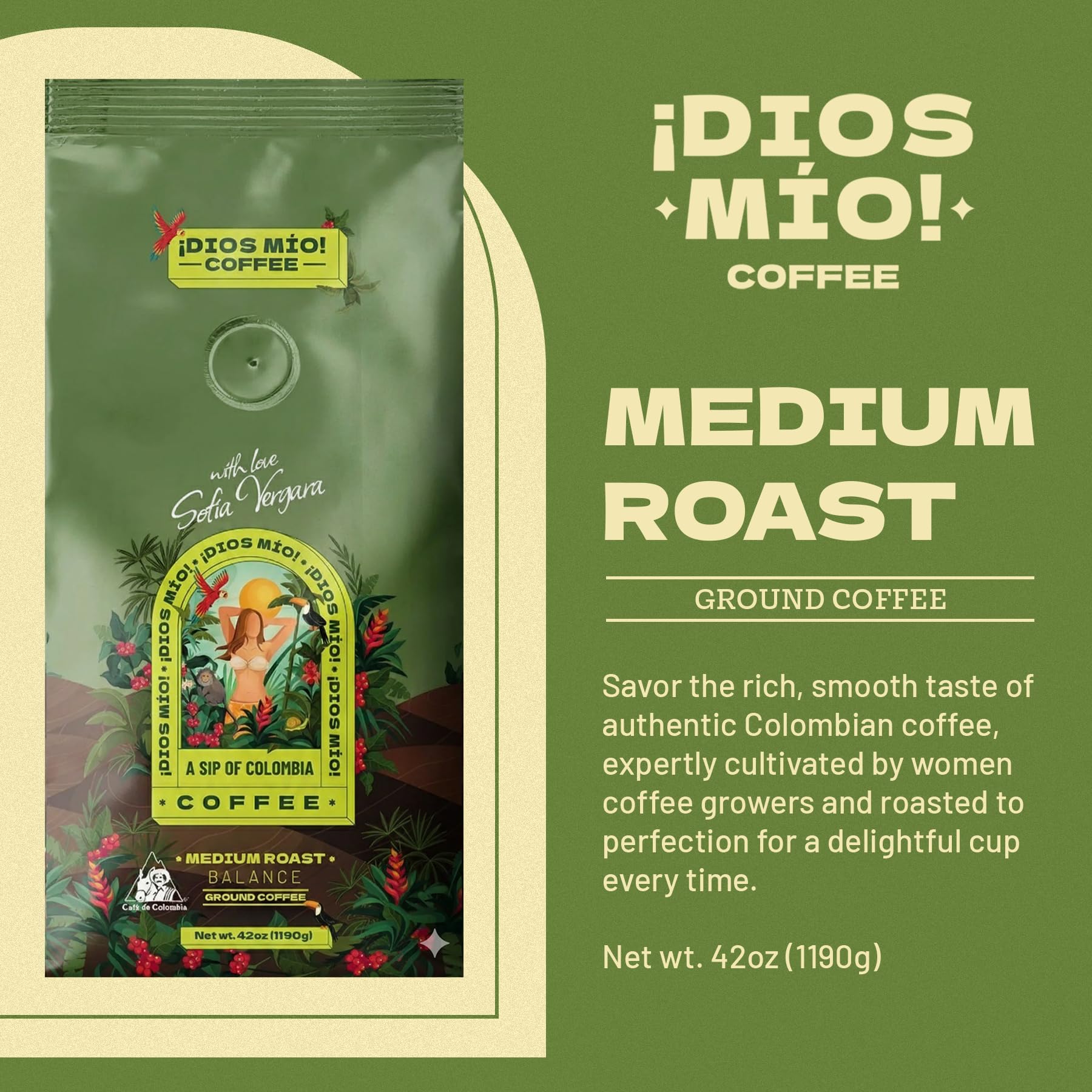 Dios Mio Coffee by Sofia Vergara, Medium Roast, Ground Premium Colombian Coffee, 42 Ounce Bag