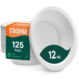 100% Compostable Disposable Paper Bowls [125-Pack] - {PFAS-Free} - {BPI Certified} - [12 oz] Heavy Duty, Eco-Friendly, Biodegradable Bagasse Hot Soup