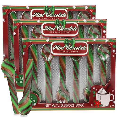 Mint Chocolate Candy Spoons, Hot Cocoa and Coffee Stir Sticks, Christmas Stocking Stuffers 36 Total Pieces (Pack of 3)