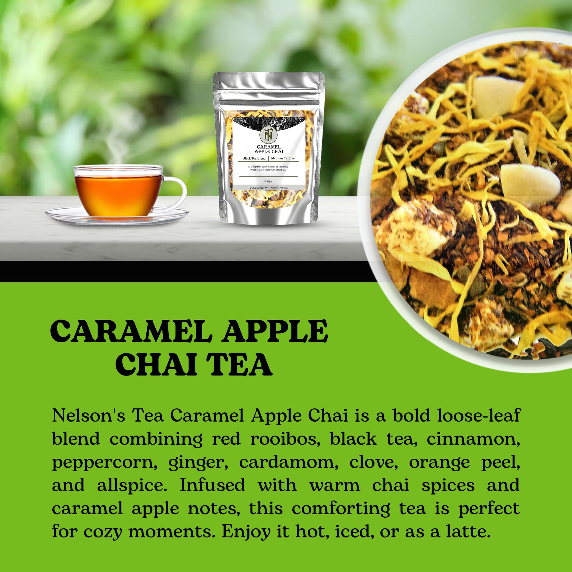 Nelson's Tea Caramel Apple Chai Tea Loose Leaf - Cut & Sifted Red Rooibos Loose Leaf Tea, Black Tea with Cinnamon Chips, Peppercorn, Ginger Root