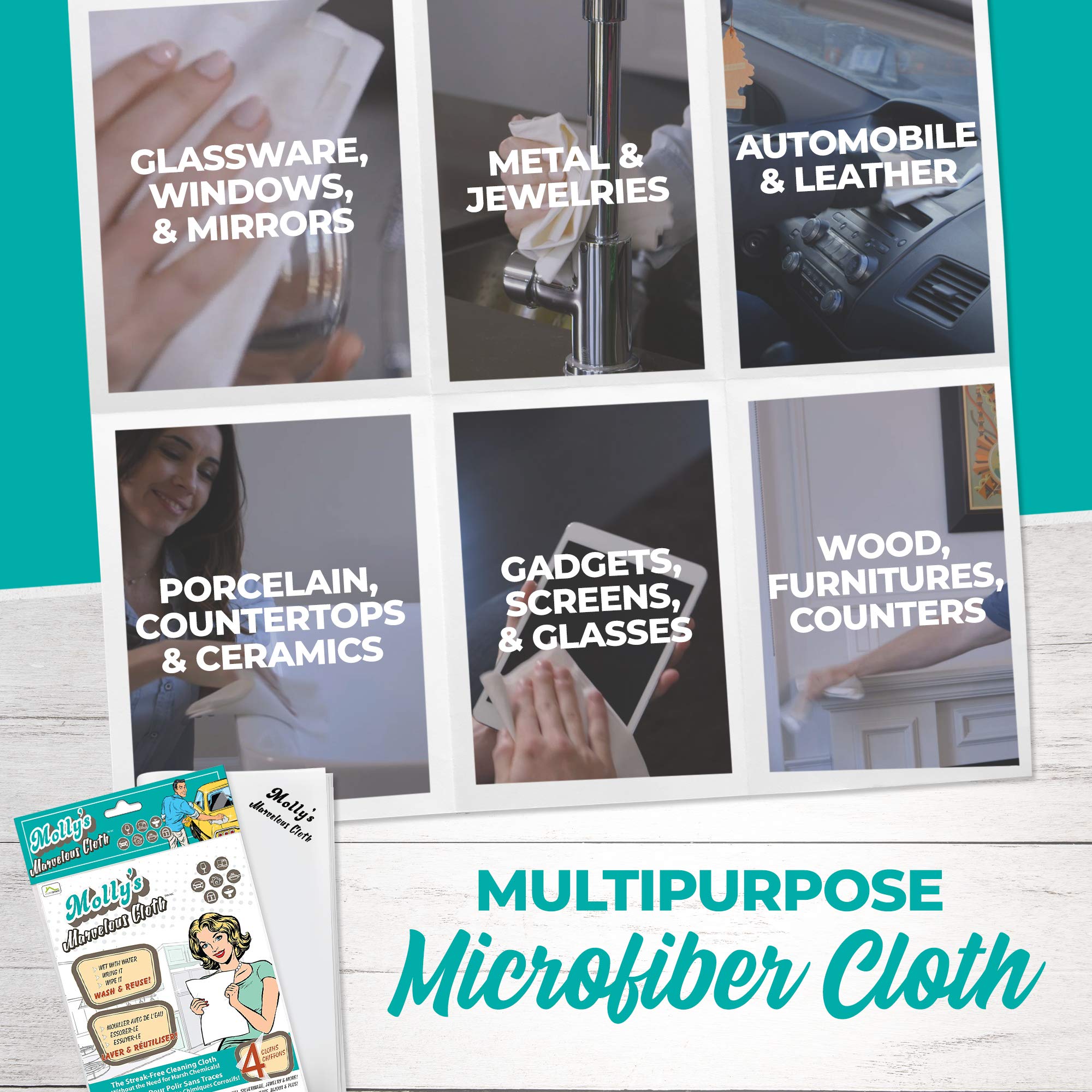 Molly's Marvelous Cloth, Streak-Free, Lint-Free Microfiber Cleaning Cloth, Polishing Cloth for Glass, Stainless Steel, Use for Kitchen, Bath, Cars