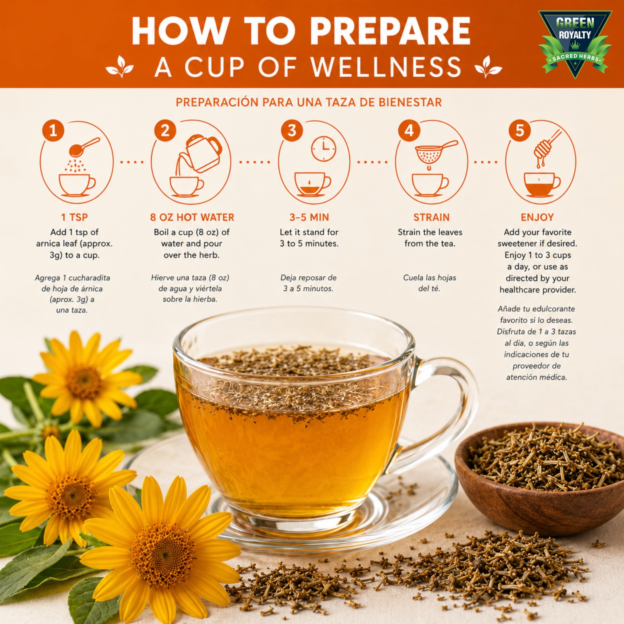 Green Royalty Arnica Montana Loose Herbal Tea - 100% Natural Arnica Flowers, Resealable Freshness Bag, Makes 30+ Cups, Hot or Iced Herbal Infusion